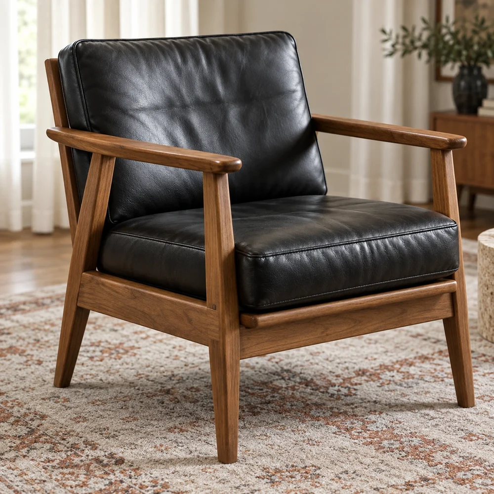 Black leather armchair on an oak frame