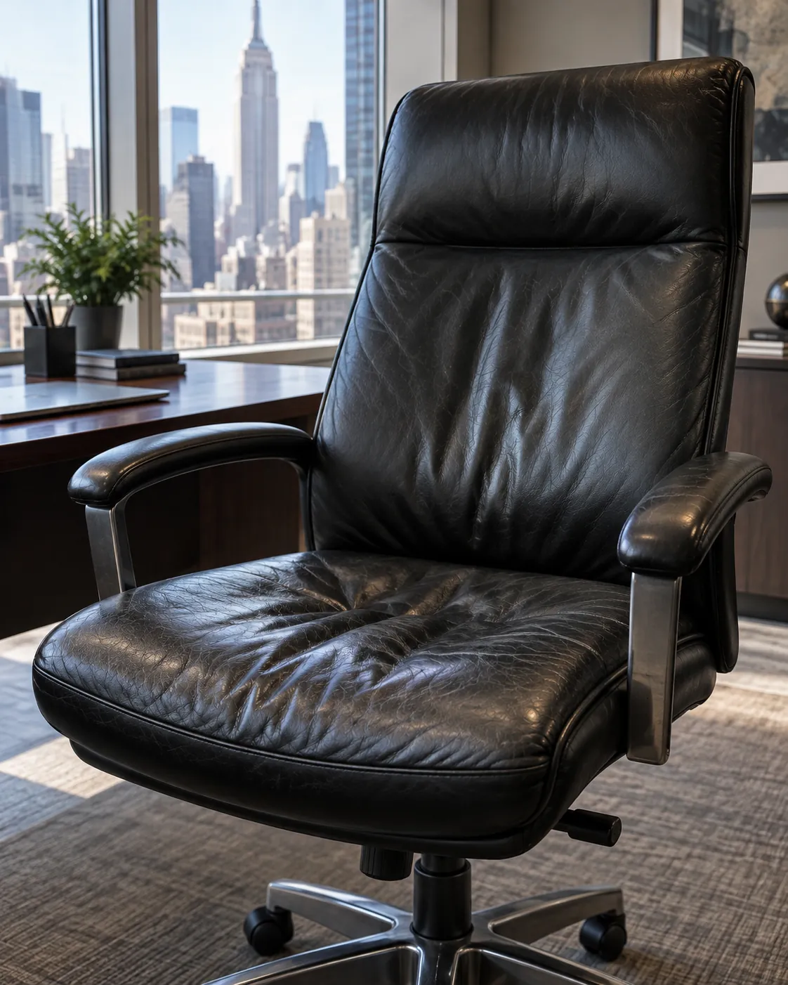 A worn, creased black leather office chair cushion