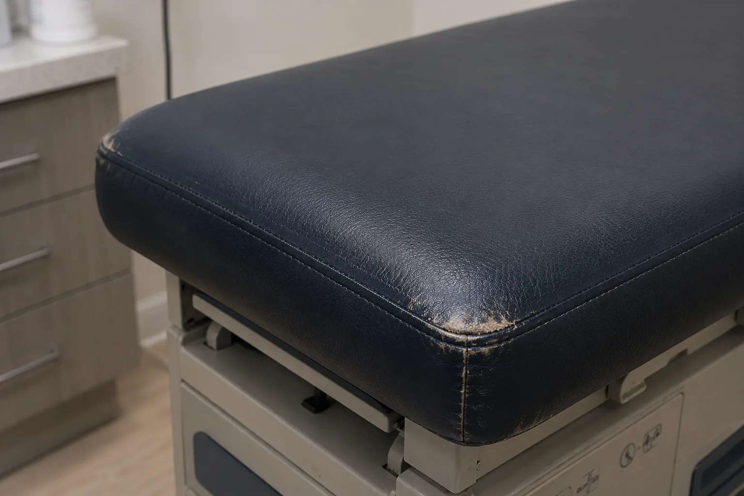 A worn, frayed front corner on a navy exam table pad