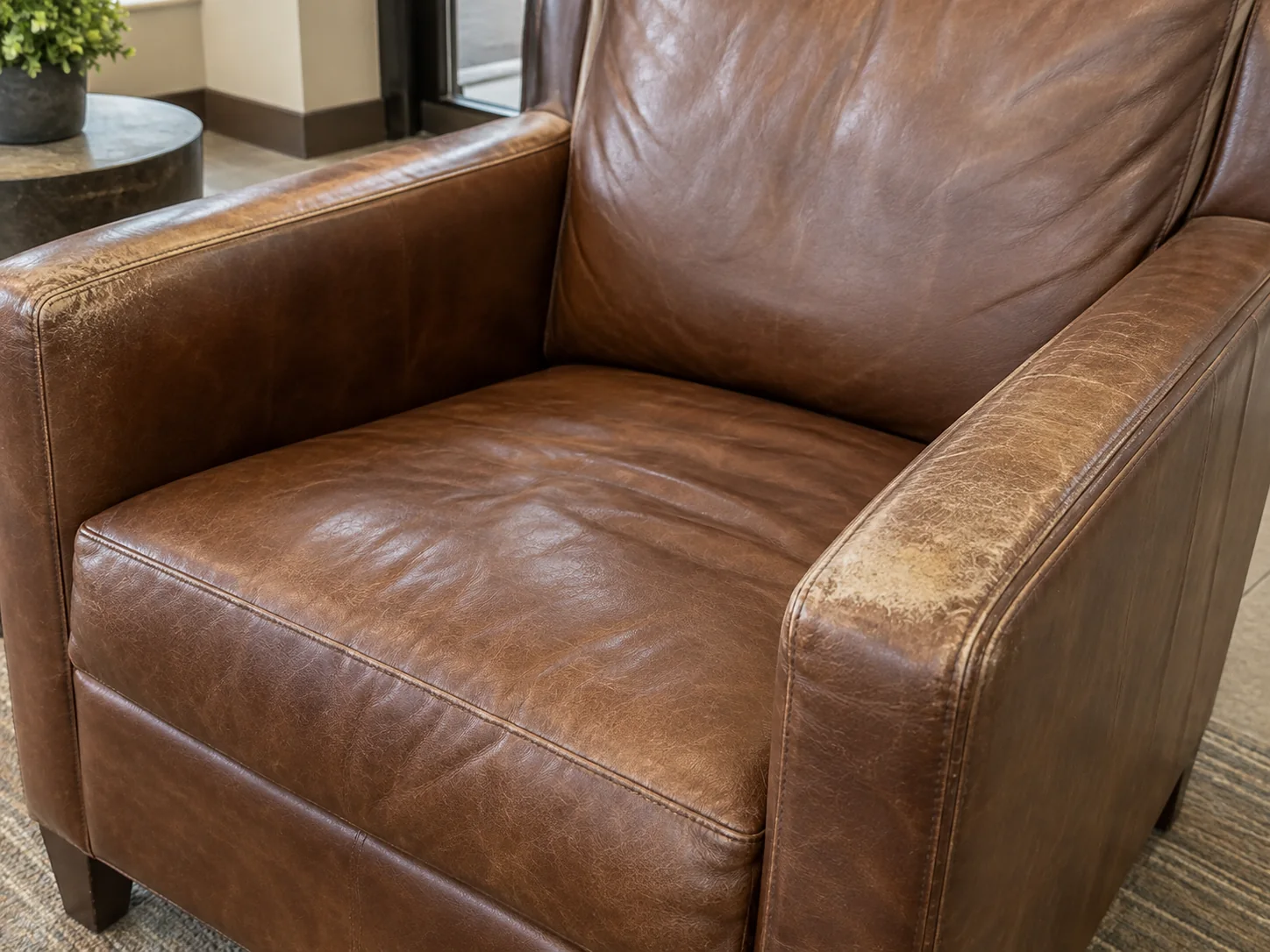 Worn leather armrests on a lobby chair