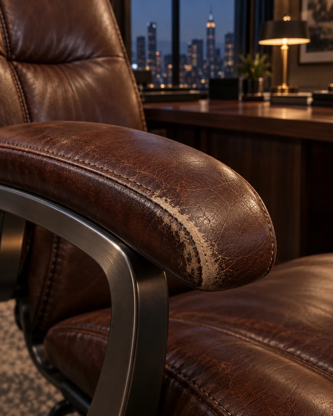 Worn leather arm cap on an office chair