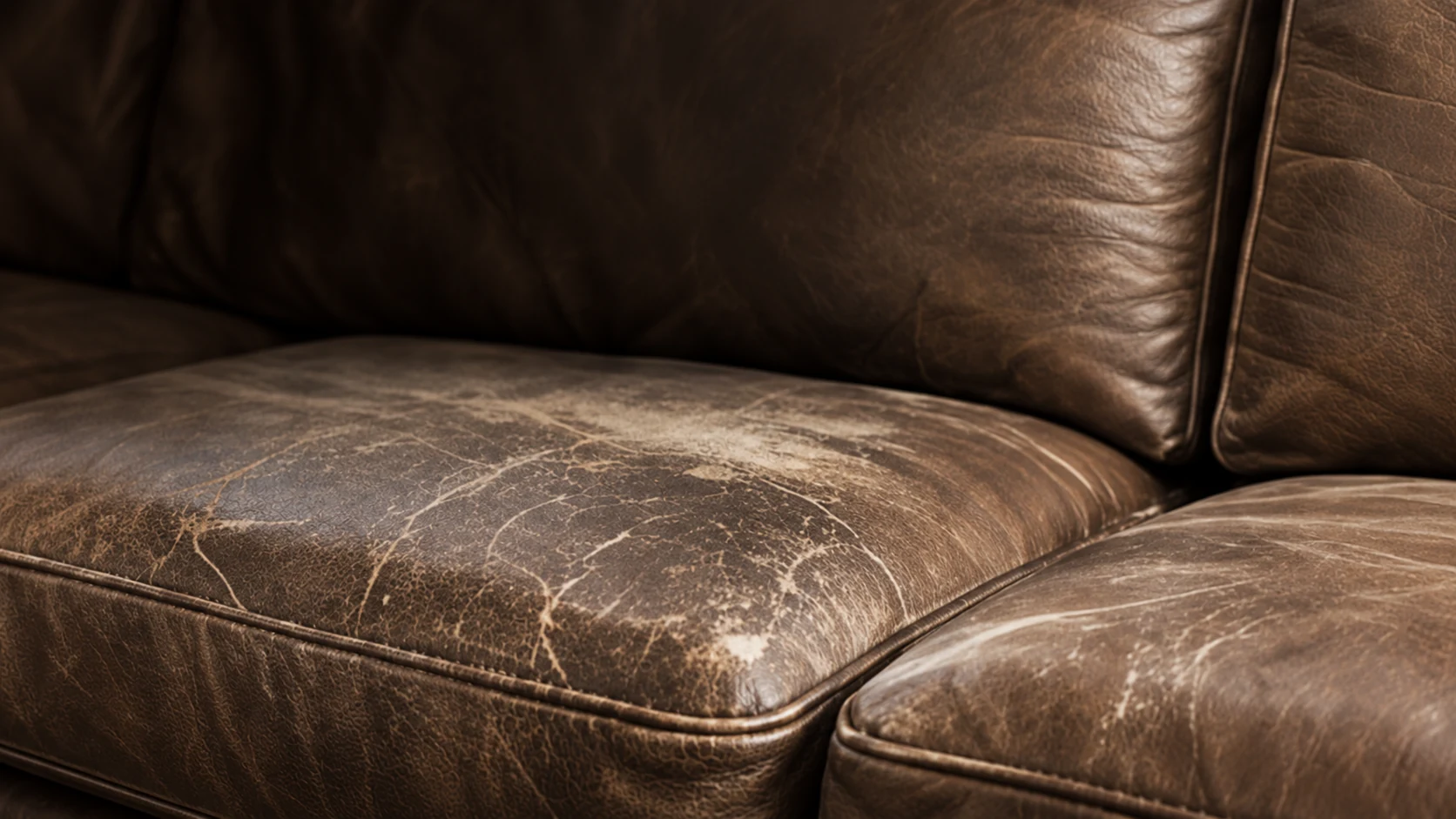 Worn favorite seat on a leather sectional