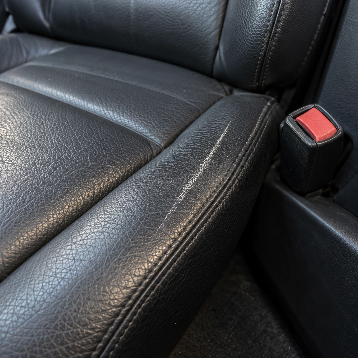 A bright rub mark left by a seat belt buckle on vinyl