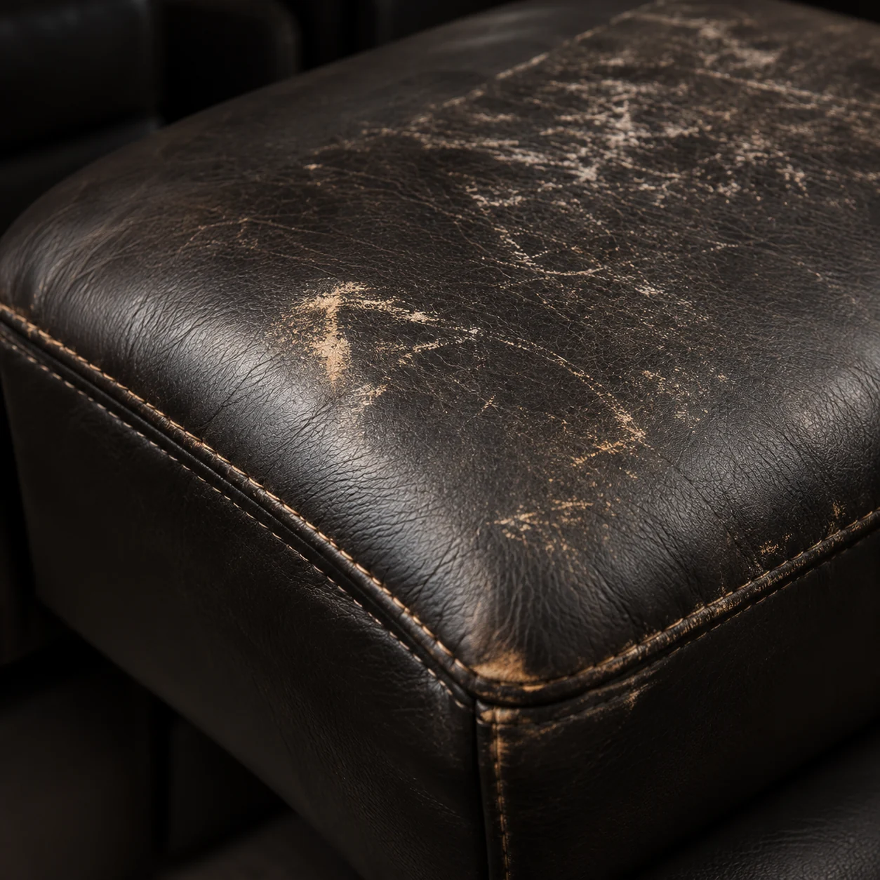 Colour worn off the front edge of a black leather seat