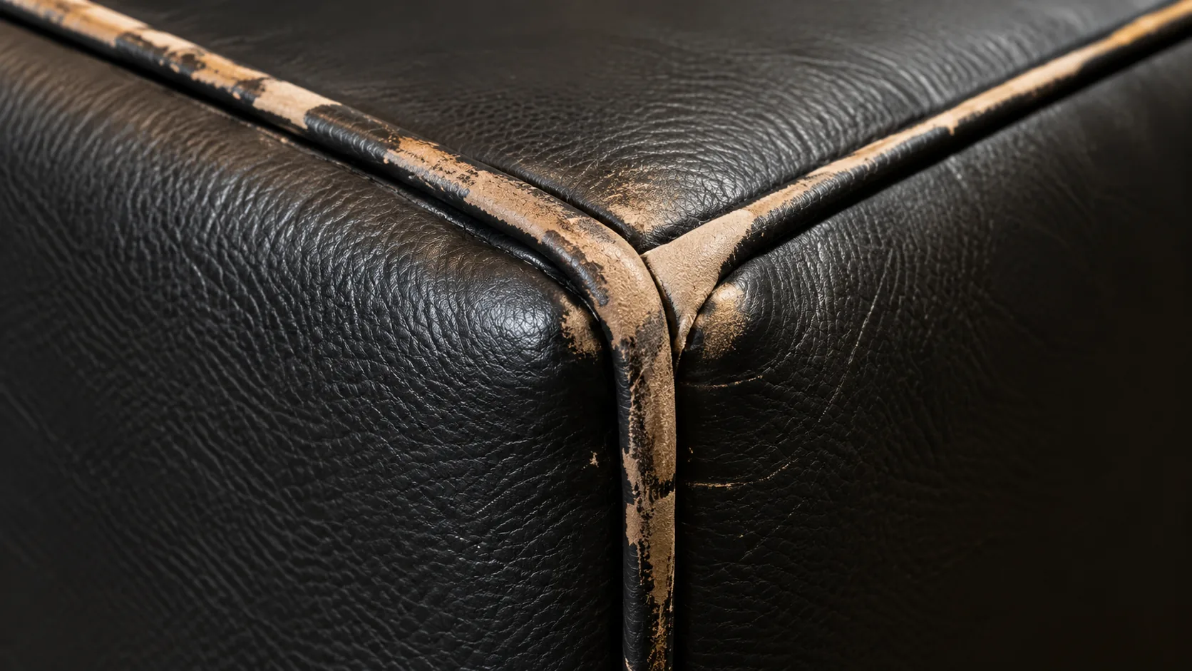 Piping worn through at a black booth seat corner