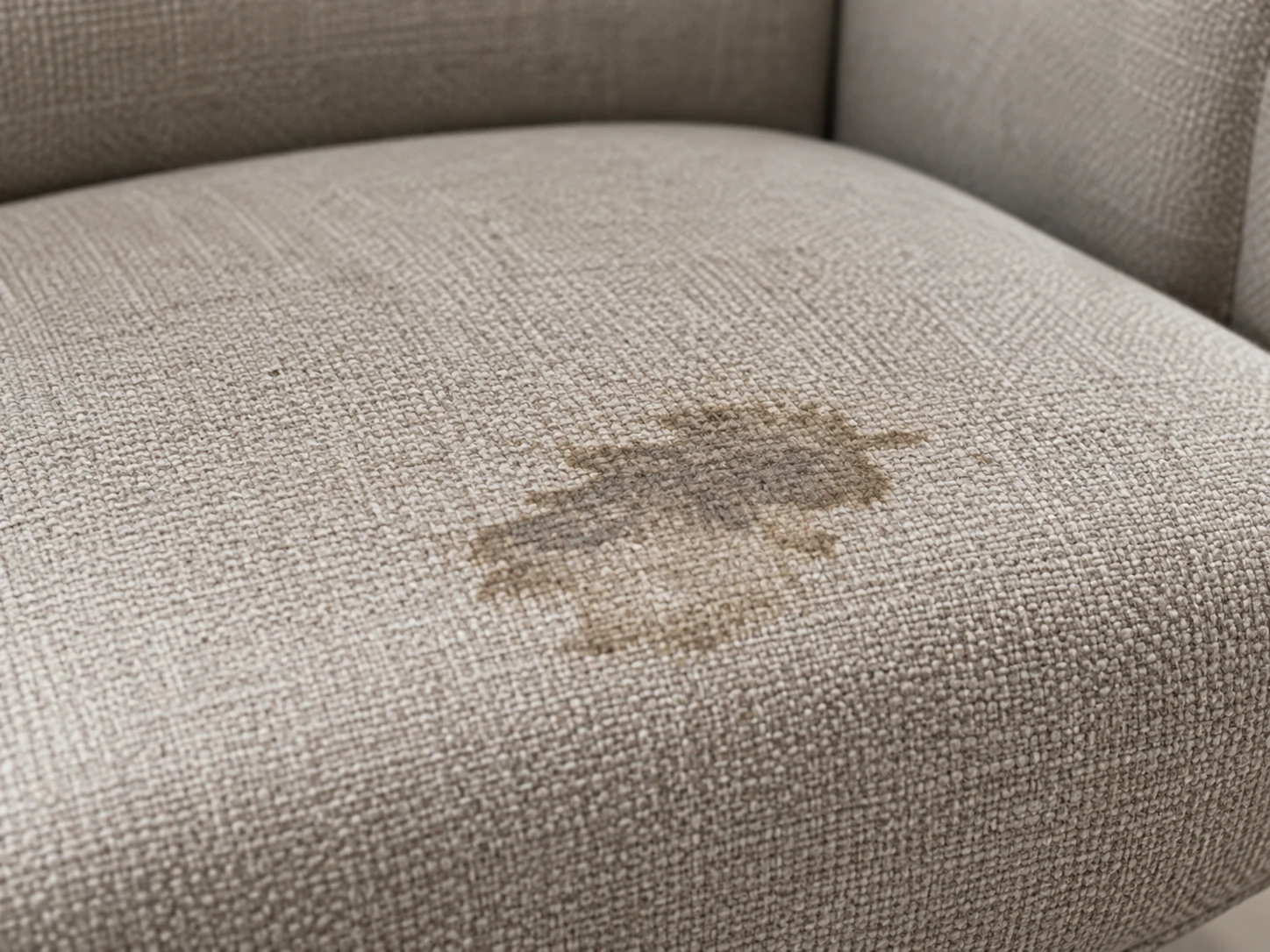 Woven fabric seat with a dark set-in stain spreading across the centre of the panel