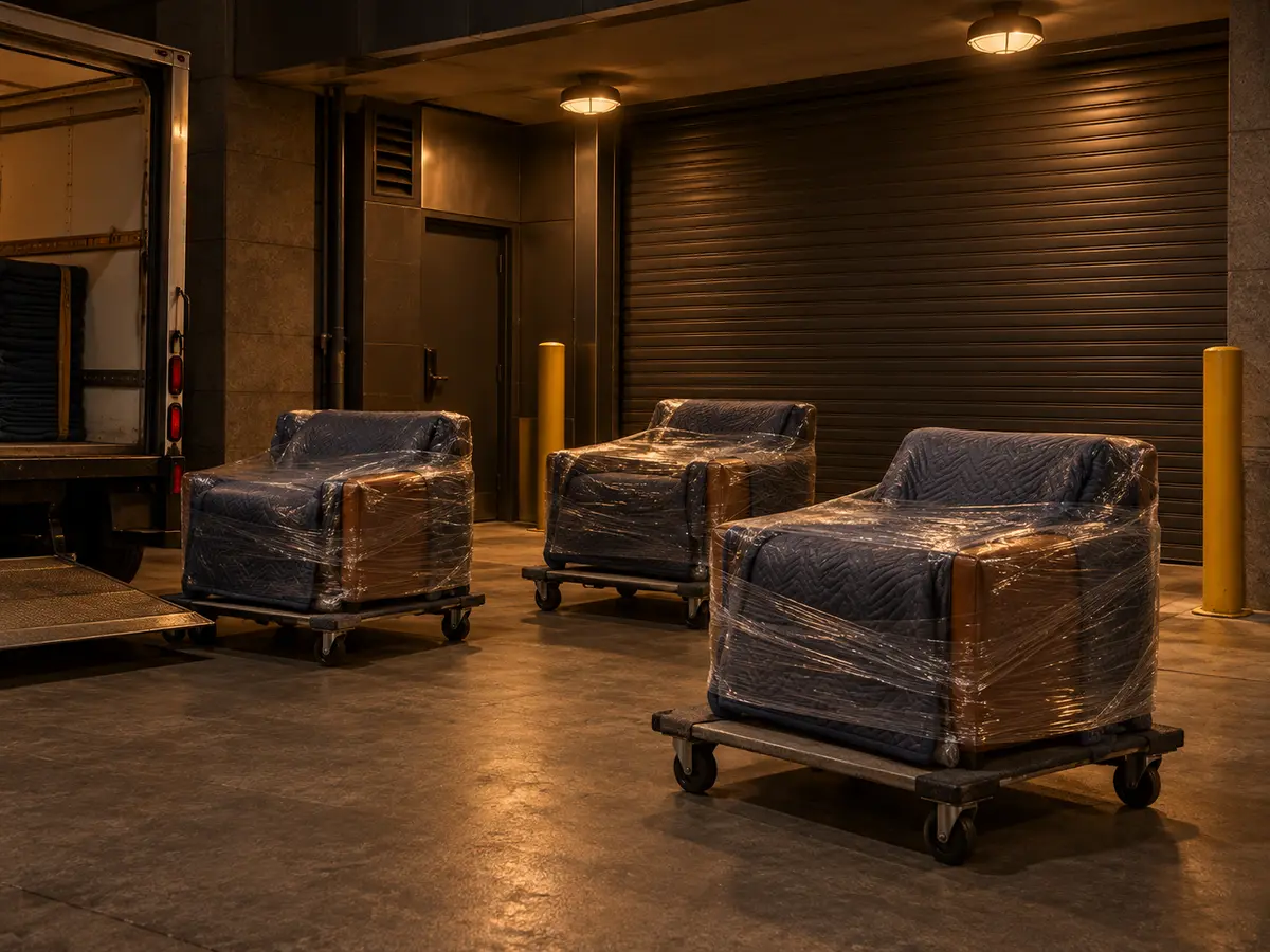Wrapped lounge chairs on a cart by a loading dock at night