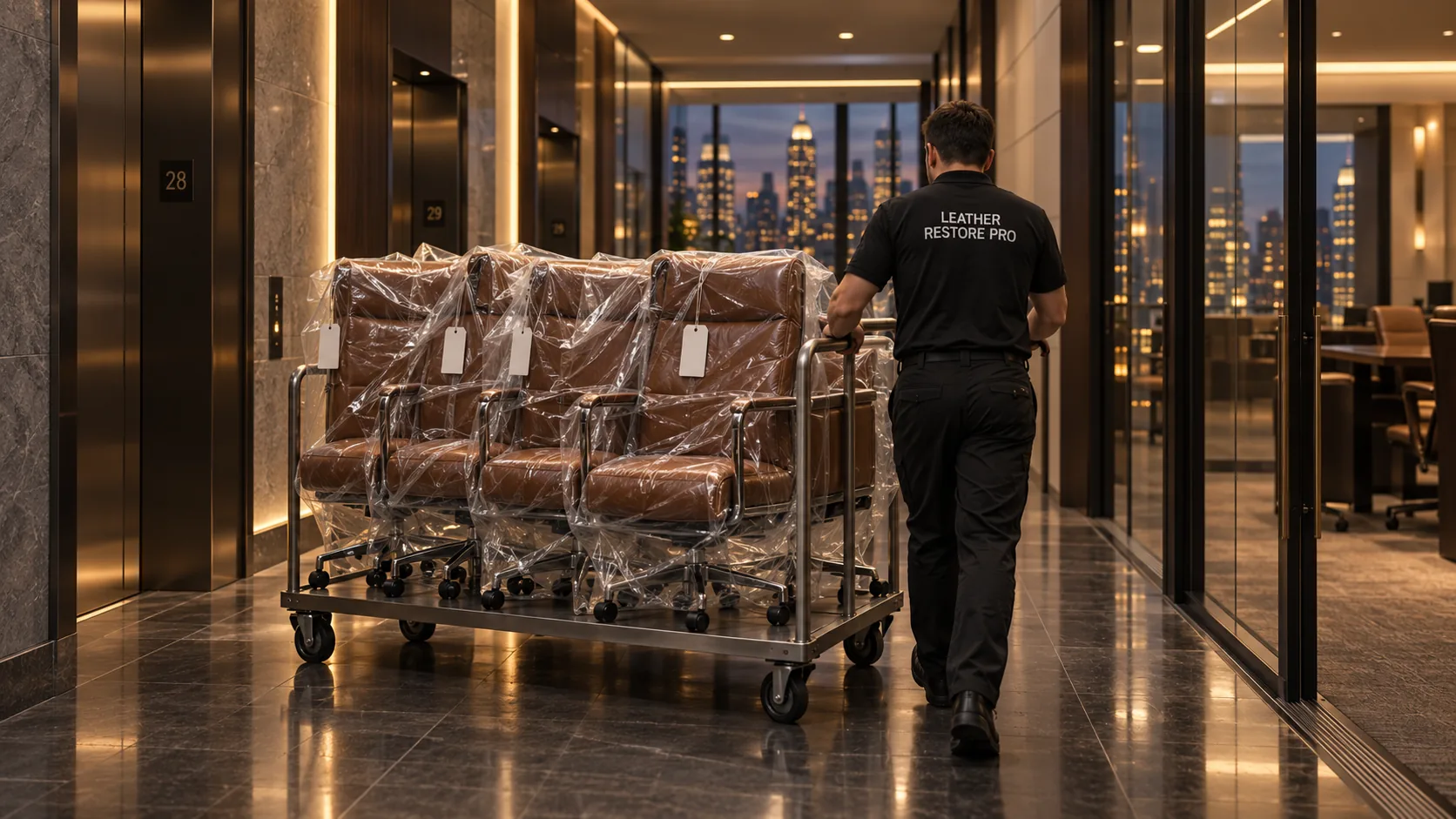 Wrapped office chairs on a cart in a corridor after hours