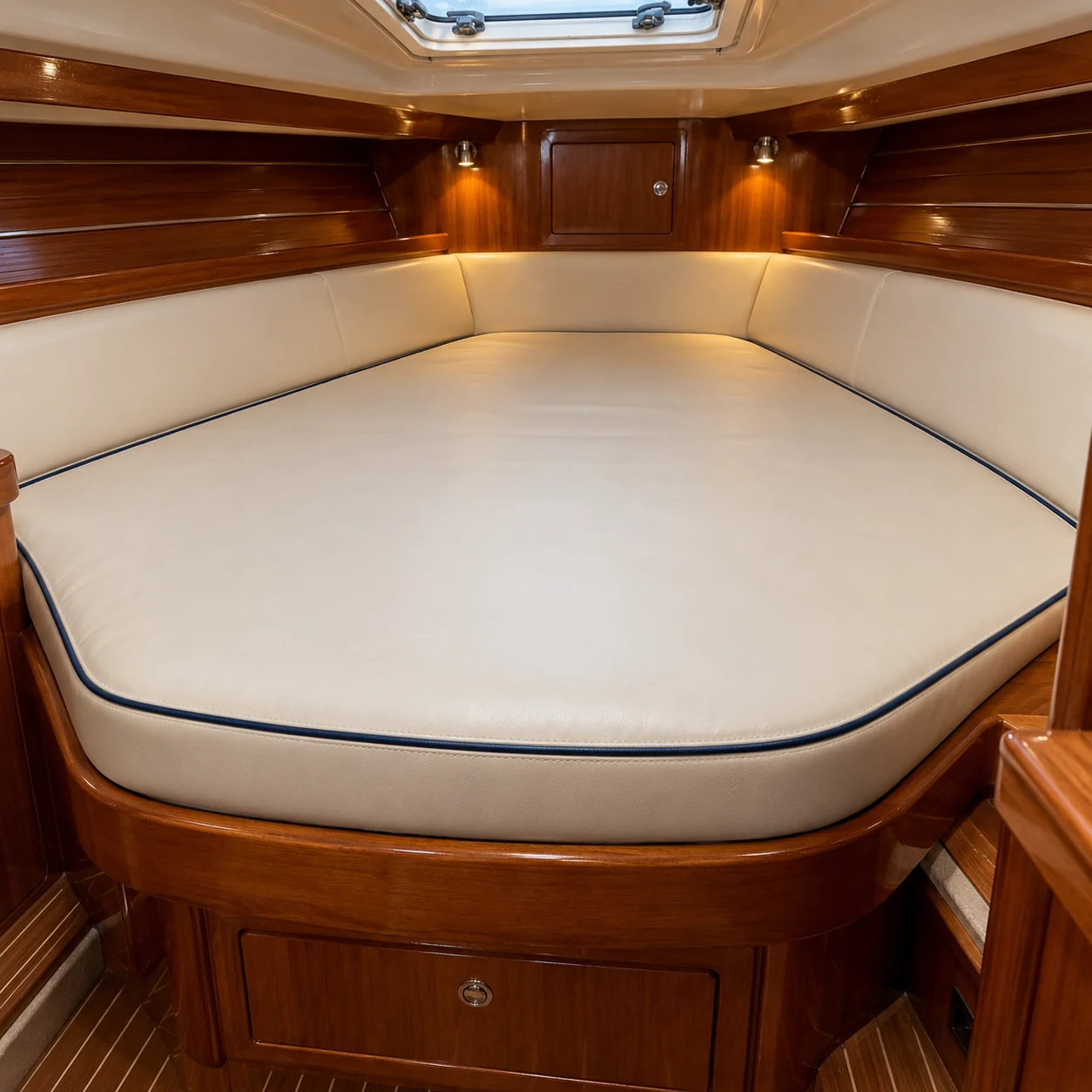 A recovered cream leather yacht berth cushion