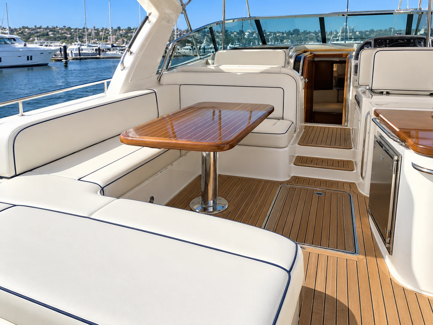 Freshly reupholstered bench seating in a yacht cockpit