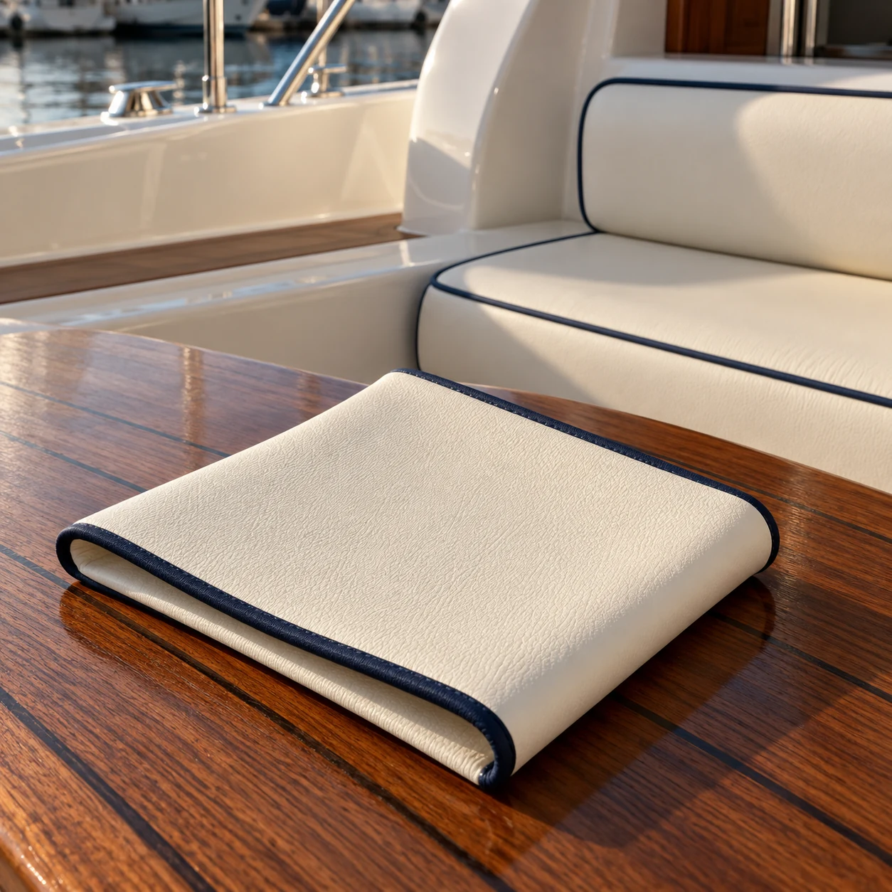 A navy-piped cream yacht cover folded on teak