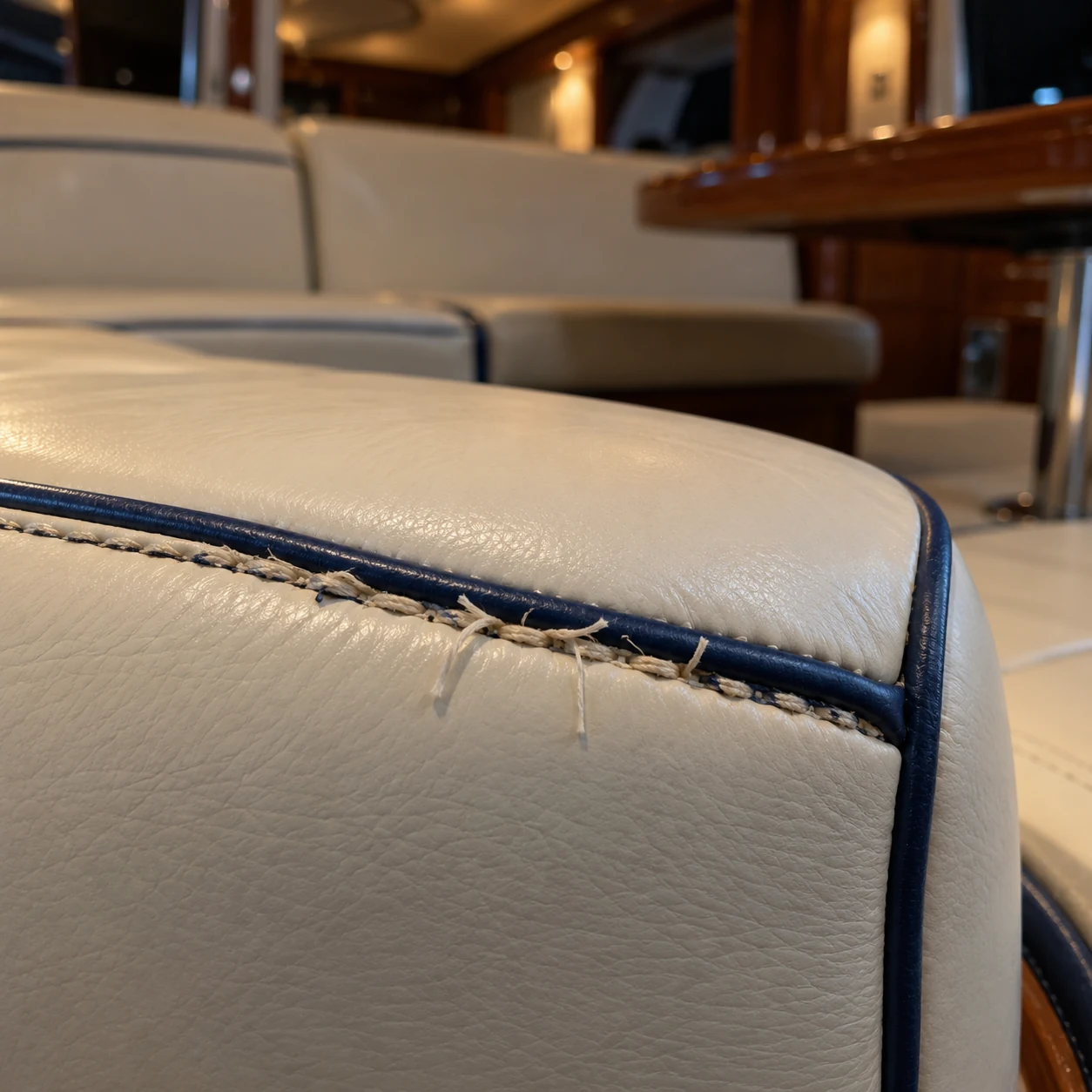 A broken seam in cream yacht leather