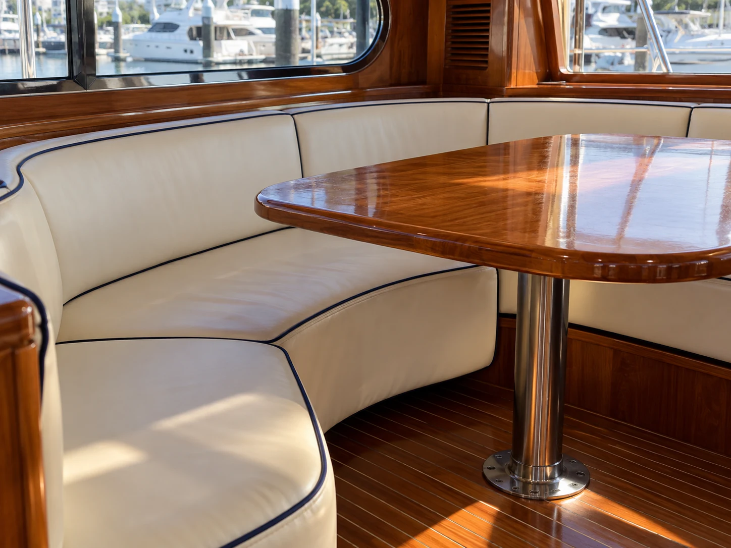 A wedge-shaped cream yacht dinette seat with navy piping