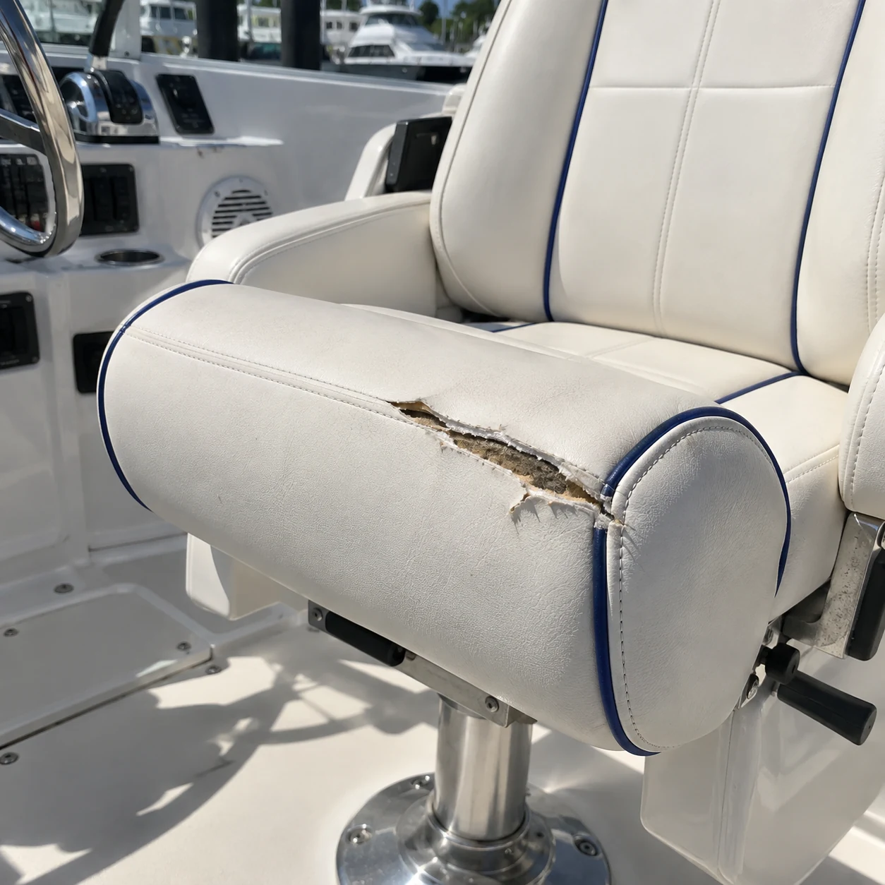 A split bolster on a sunlit yacht helm seat