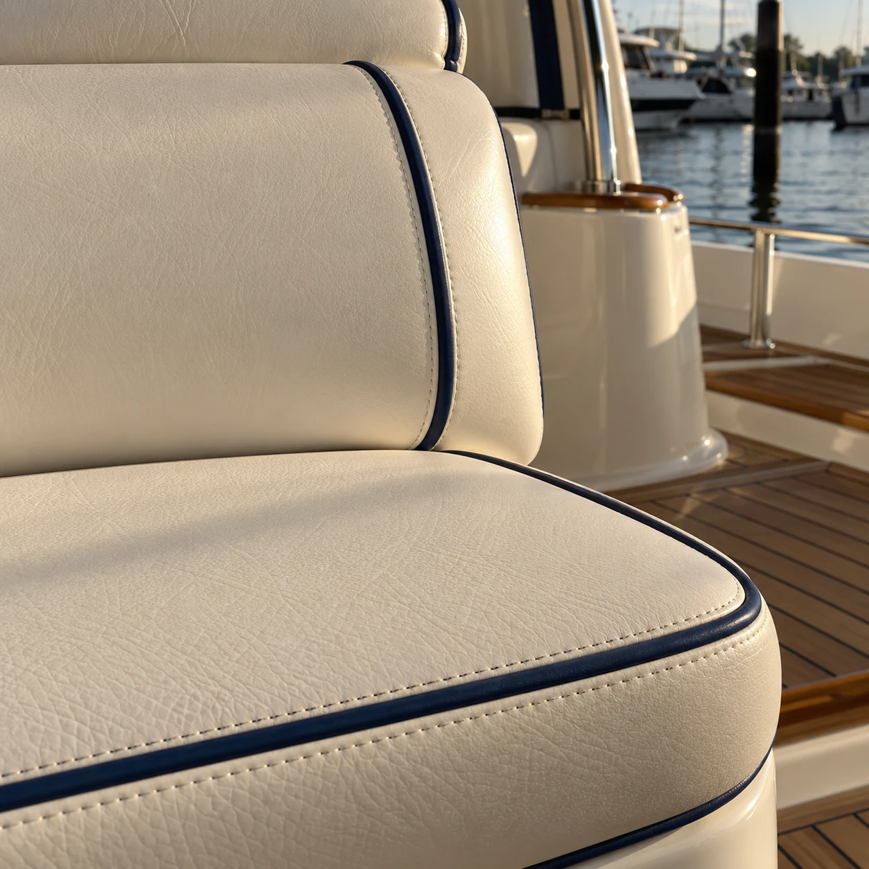 Close view of a cream yacht interior seat with navy piping