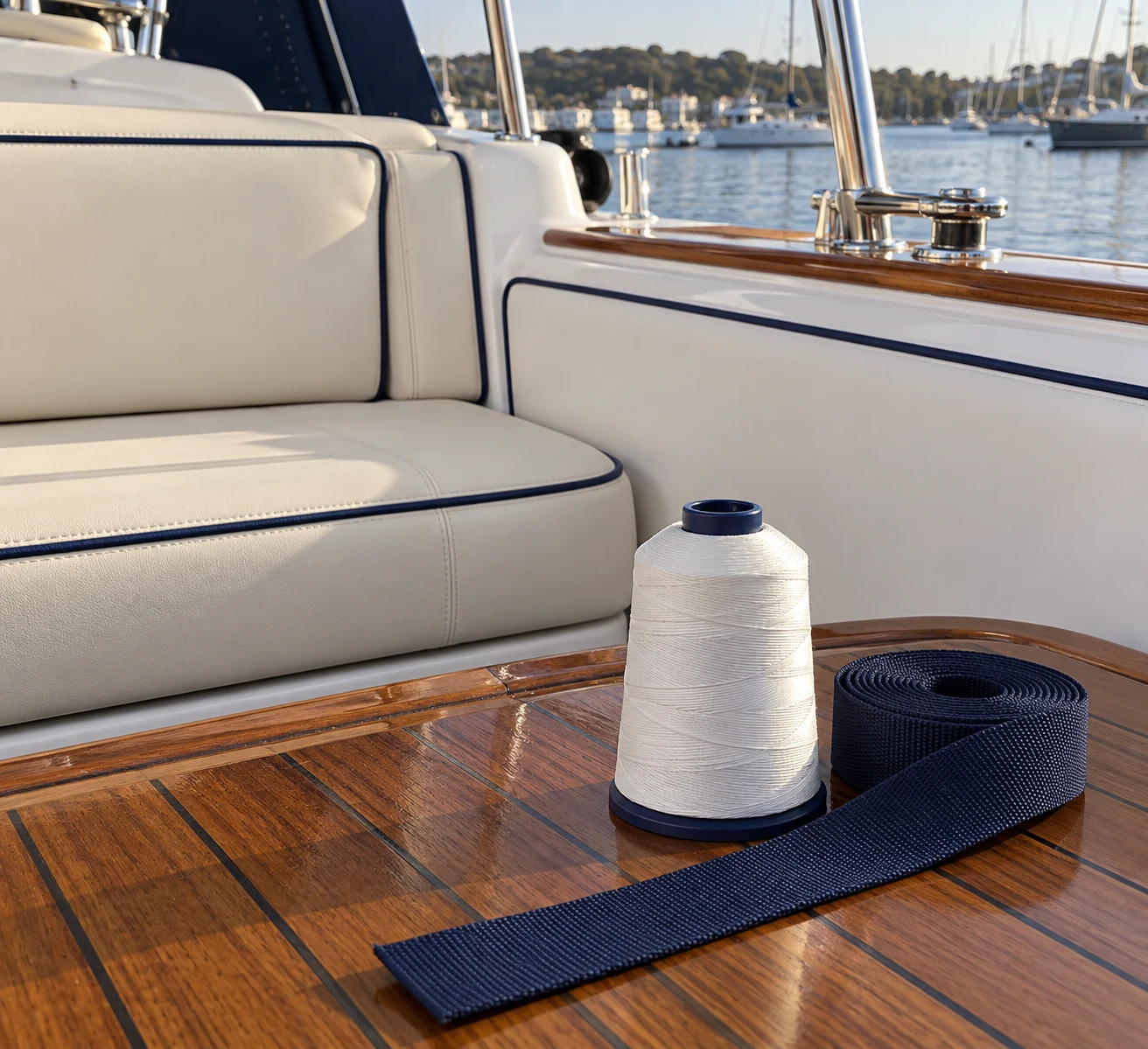 Marine thread and navy webbing on teak