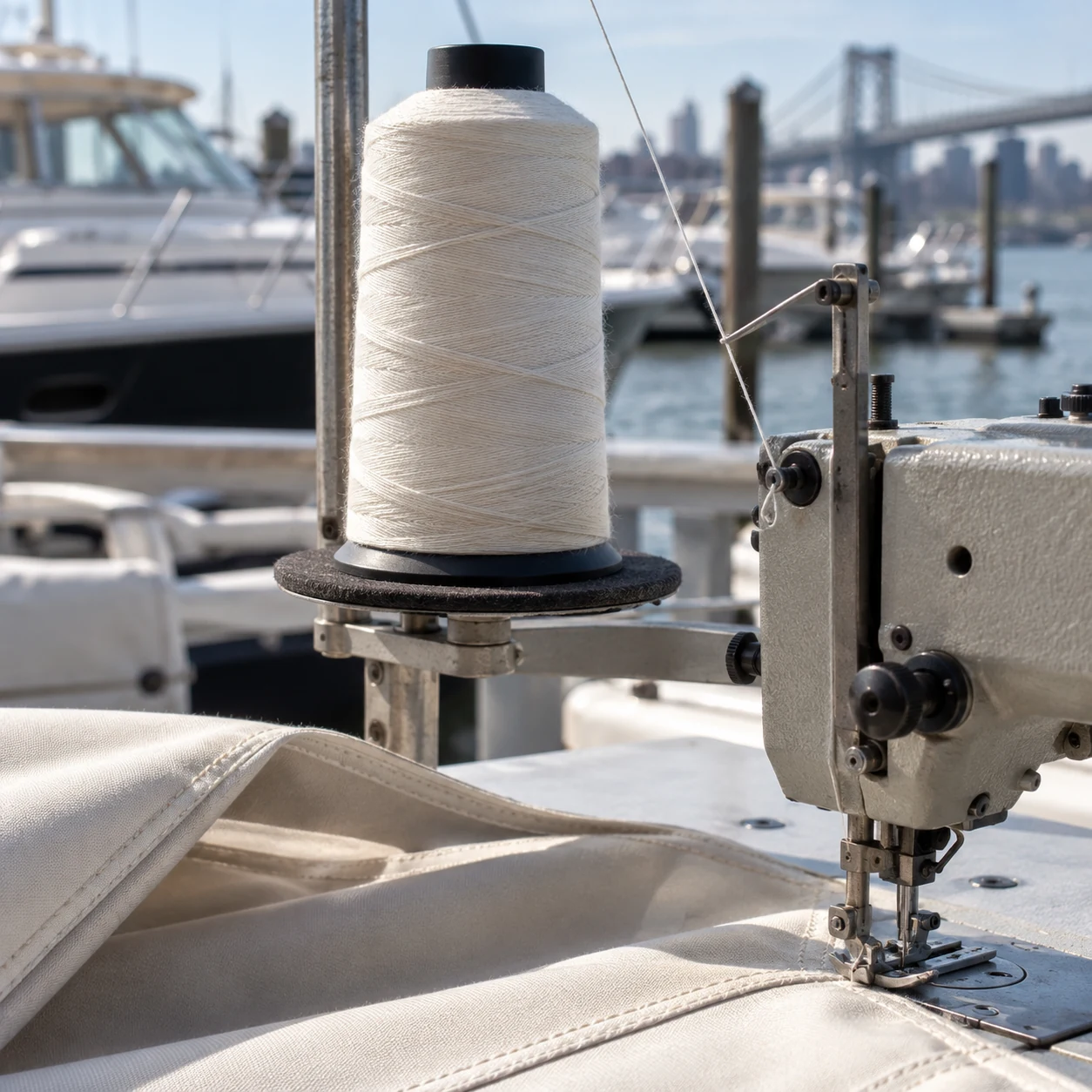 Unmarked marine thread on an industrial sewing machine