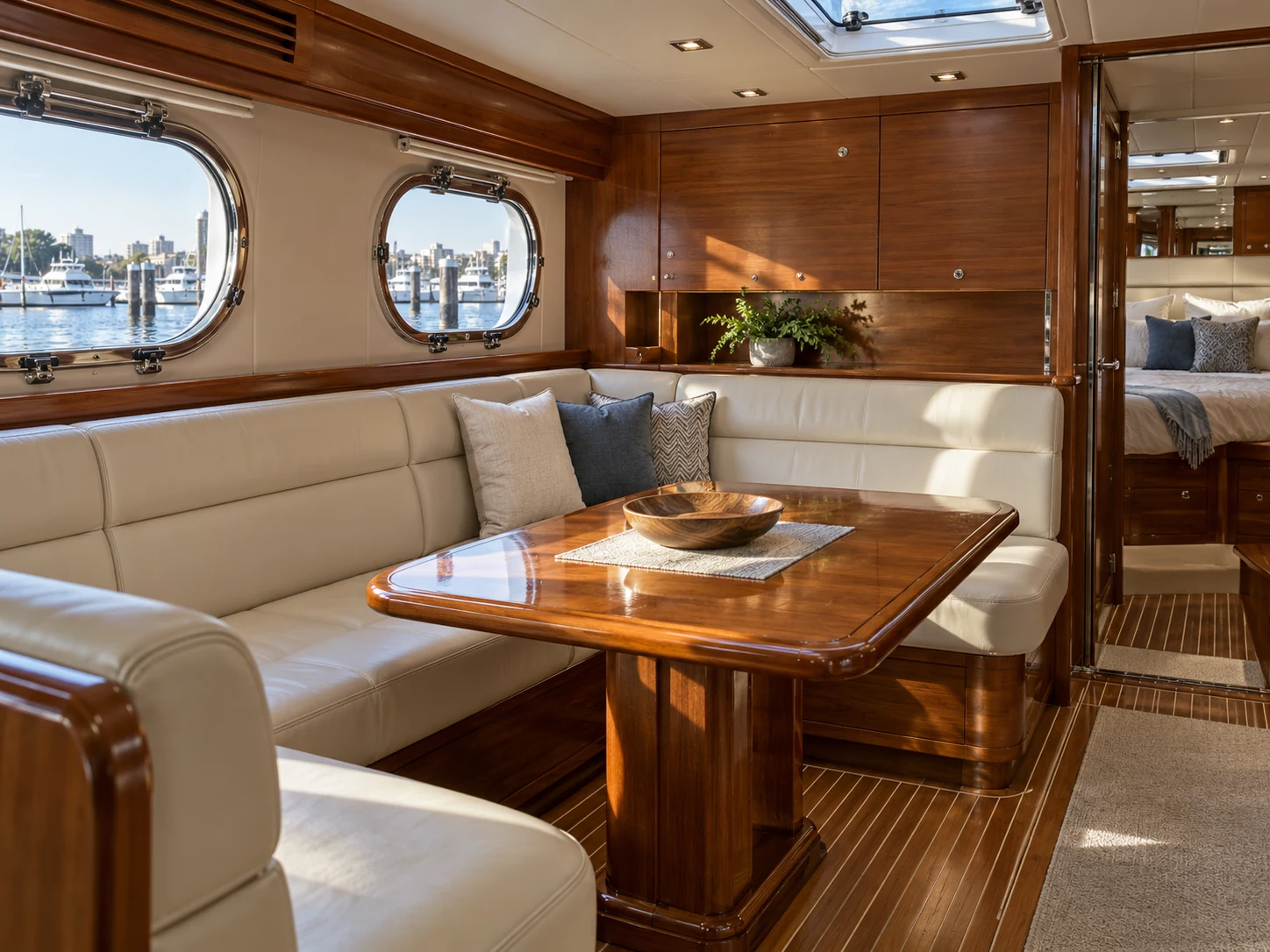 A yacht saloon interior below deck