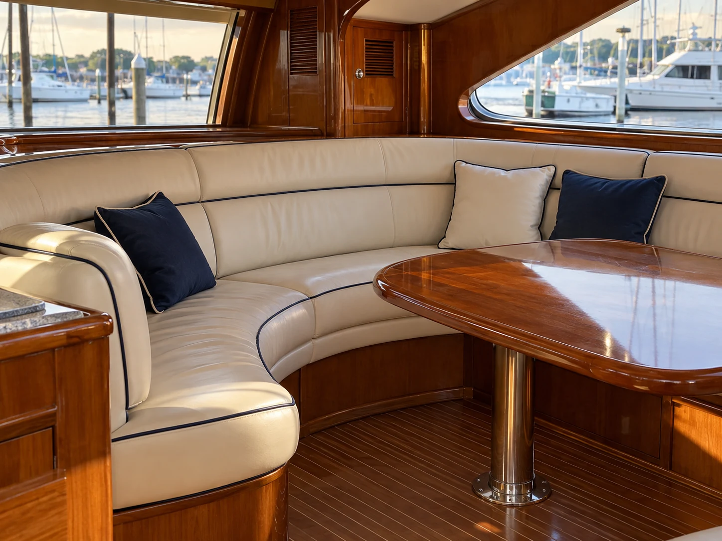 A cream leather yacht saloon in warm teak