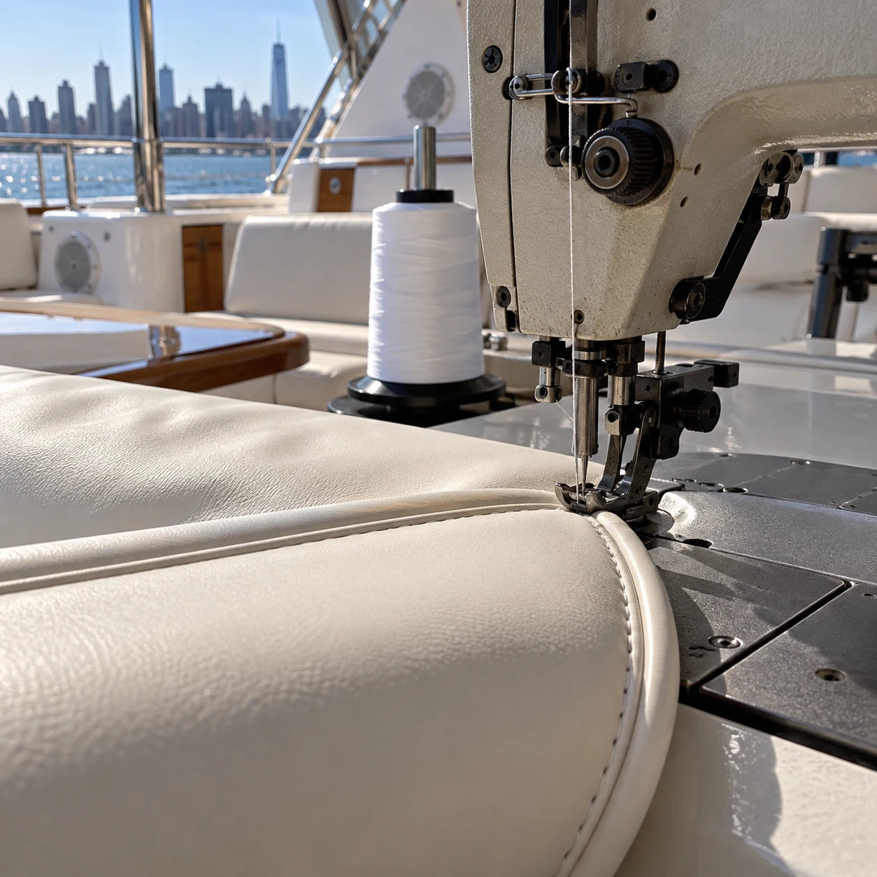 A cream yacht upholstery seam under the presser foot