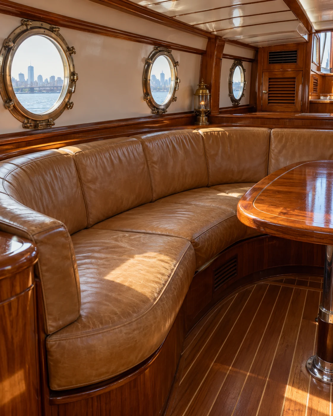A sunlit yacht saloon with faded tan leather