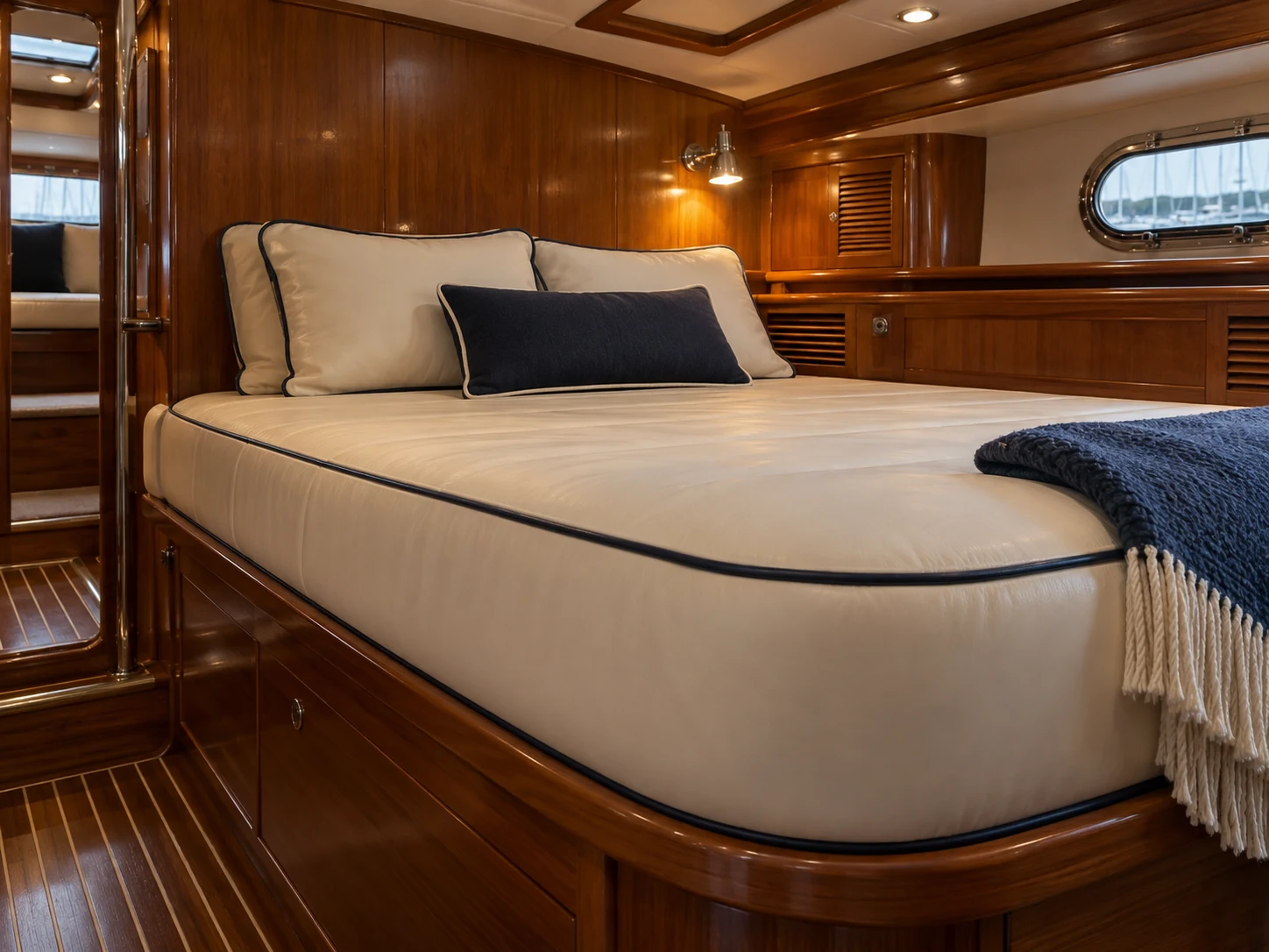 Cream and navy berth cushions in a yacht stateroom