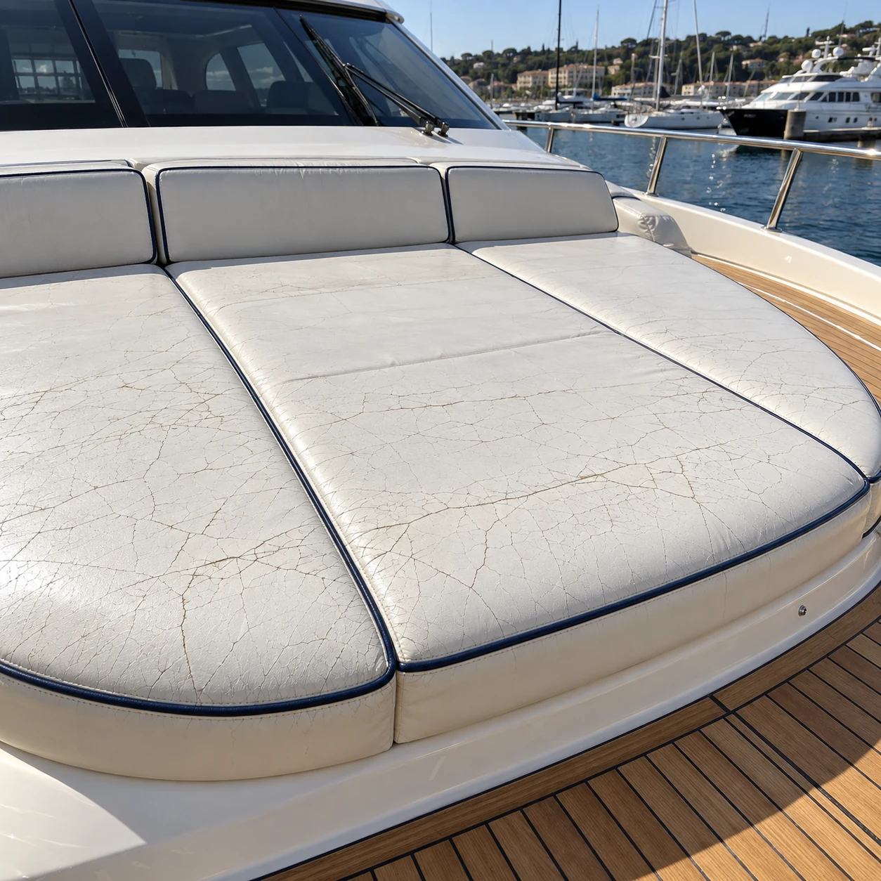 A cracked navy-piped yacht sun pad