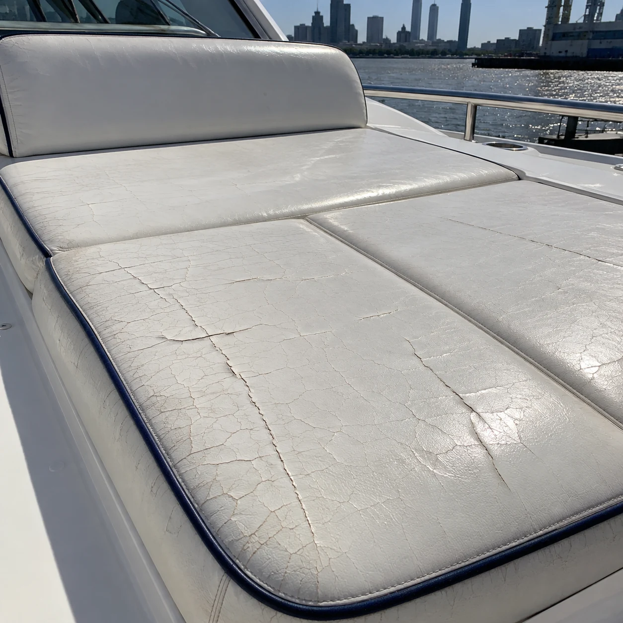 A crazed surface on a sunlit yacht sun pad