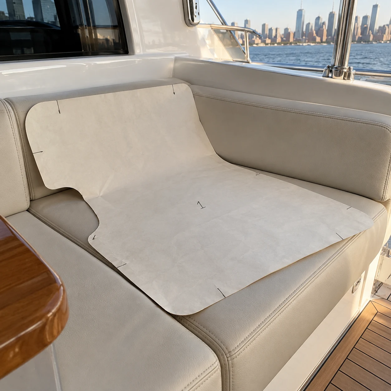 A cream cushion template on a marine upholstery bench
