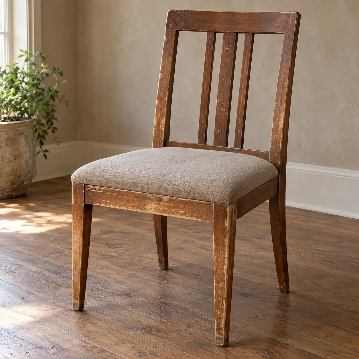 A wooden chair frame with a dull worn finish