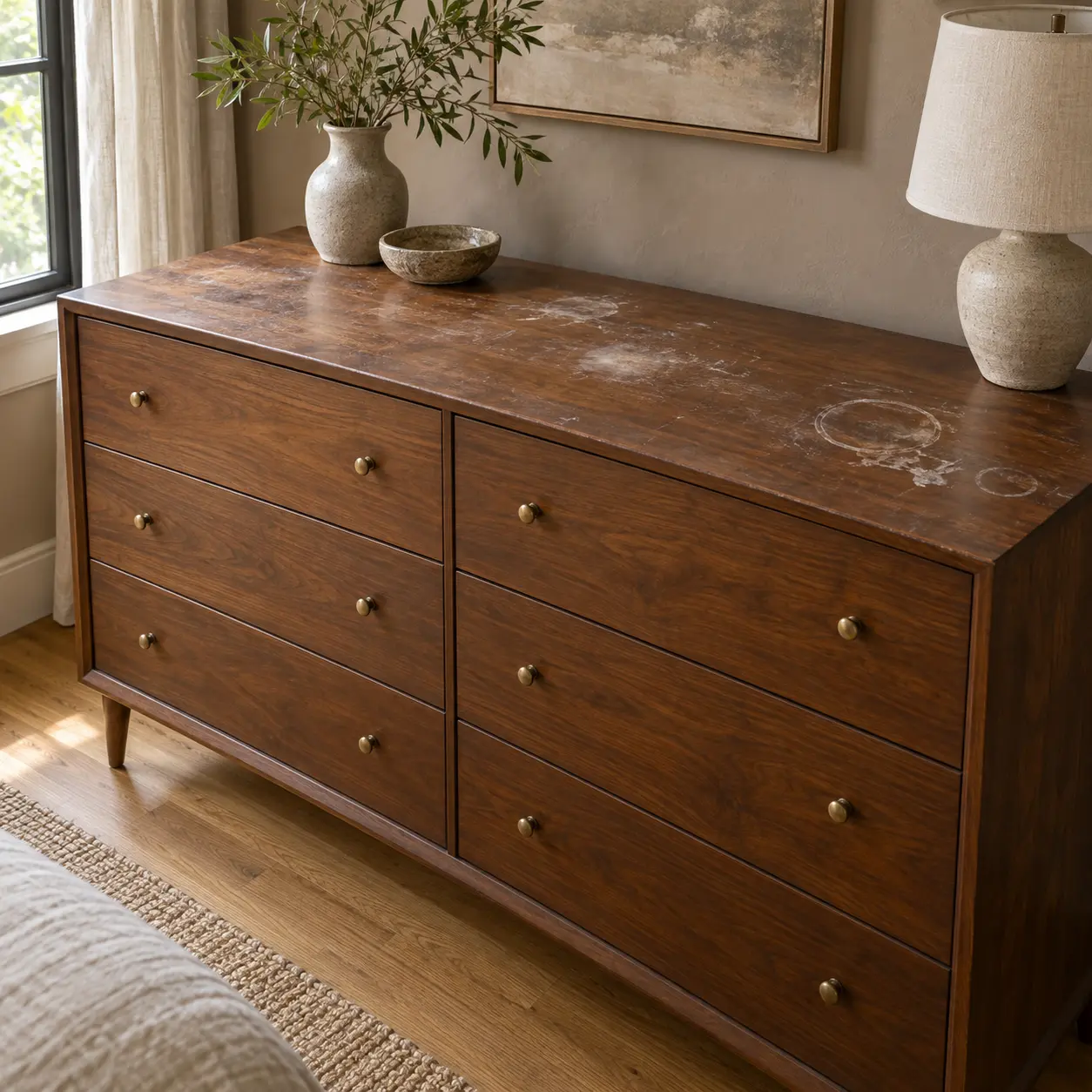 A dresser top with water rings and heat damage