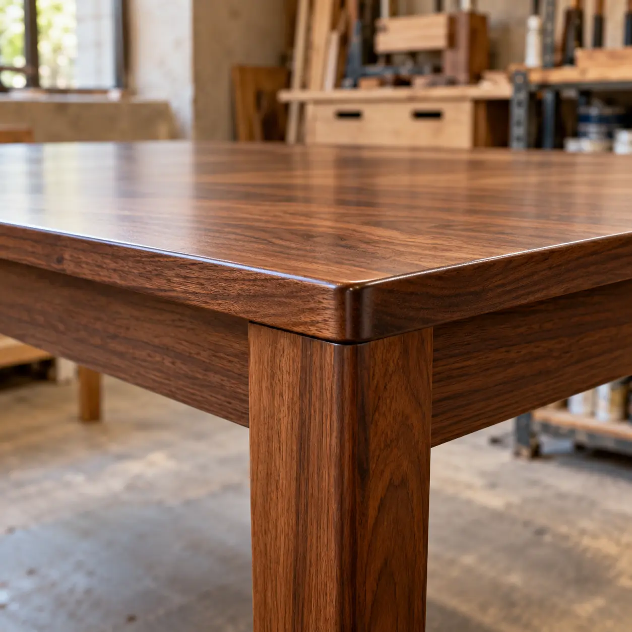 A refinished table edge, crisp with no build-up
