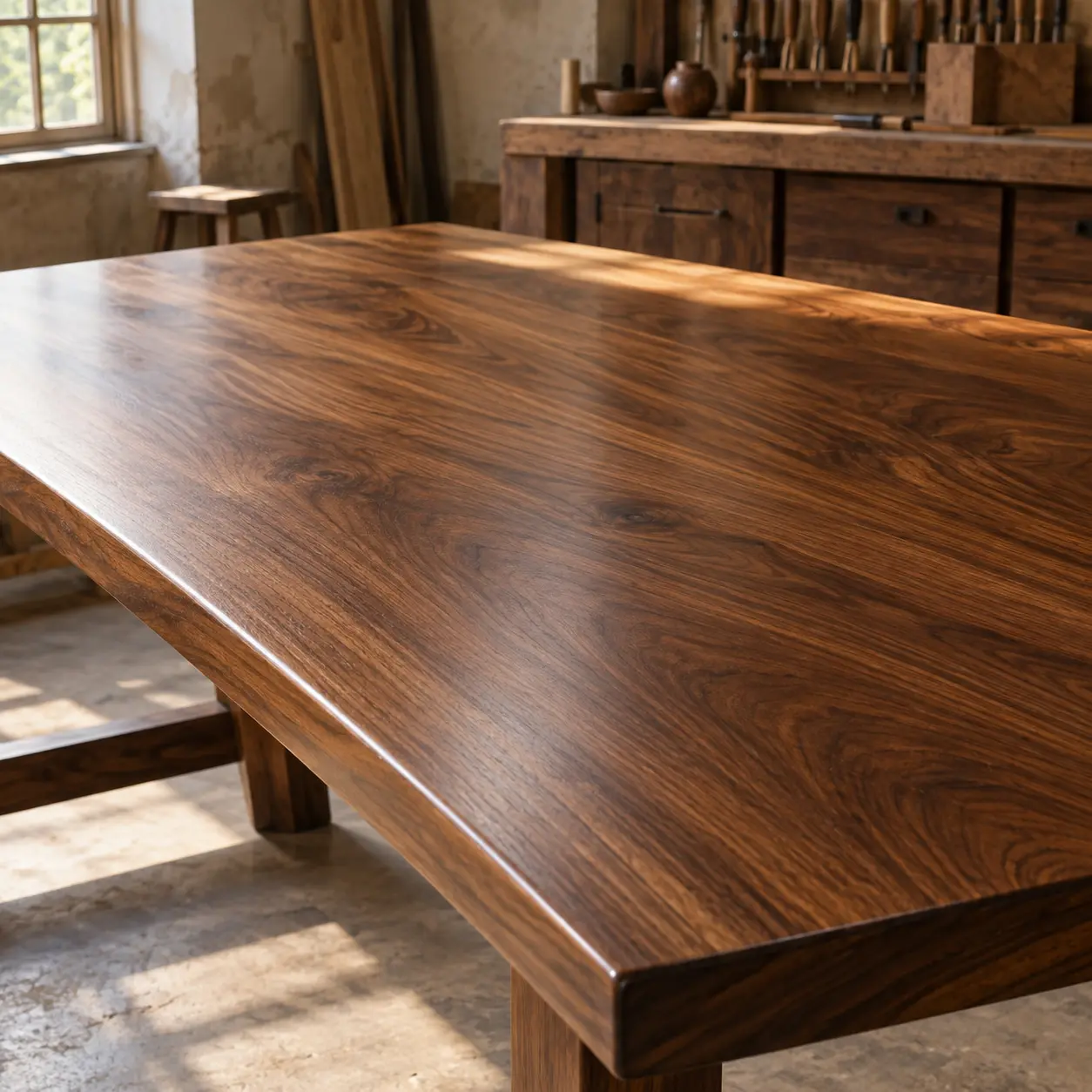 A refinished table top under raking light with even sheen