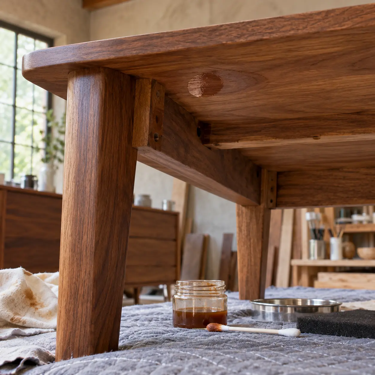 A small test spot on the underside of a table