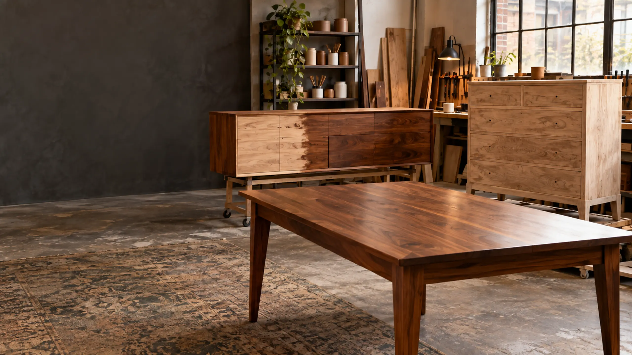 Furniture refinishing NYC: wood pieces at different stages in the workshop