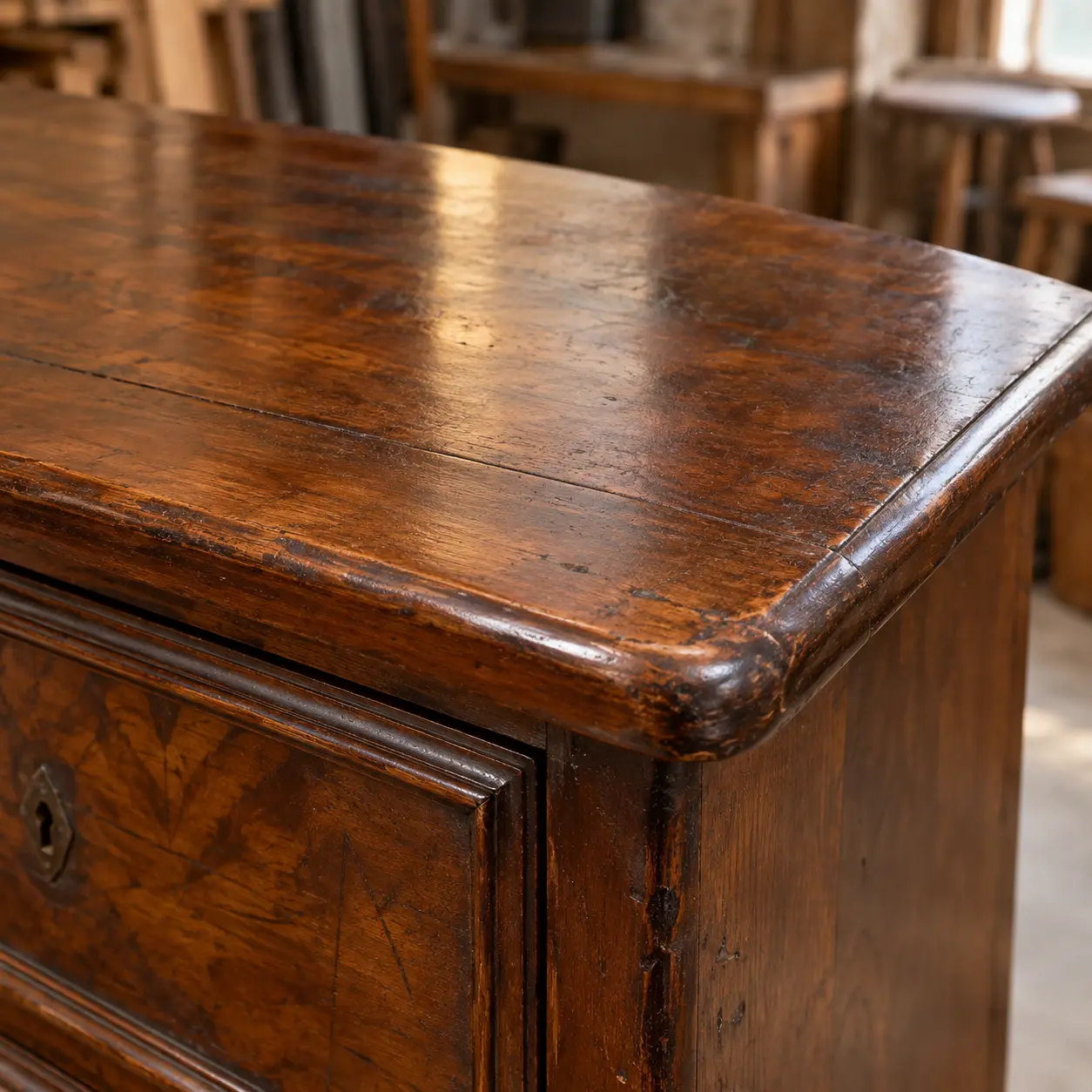 Close view of an old finish with depth and patina on a chest