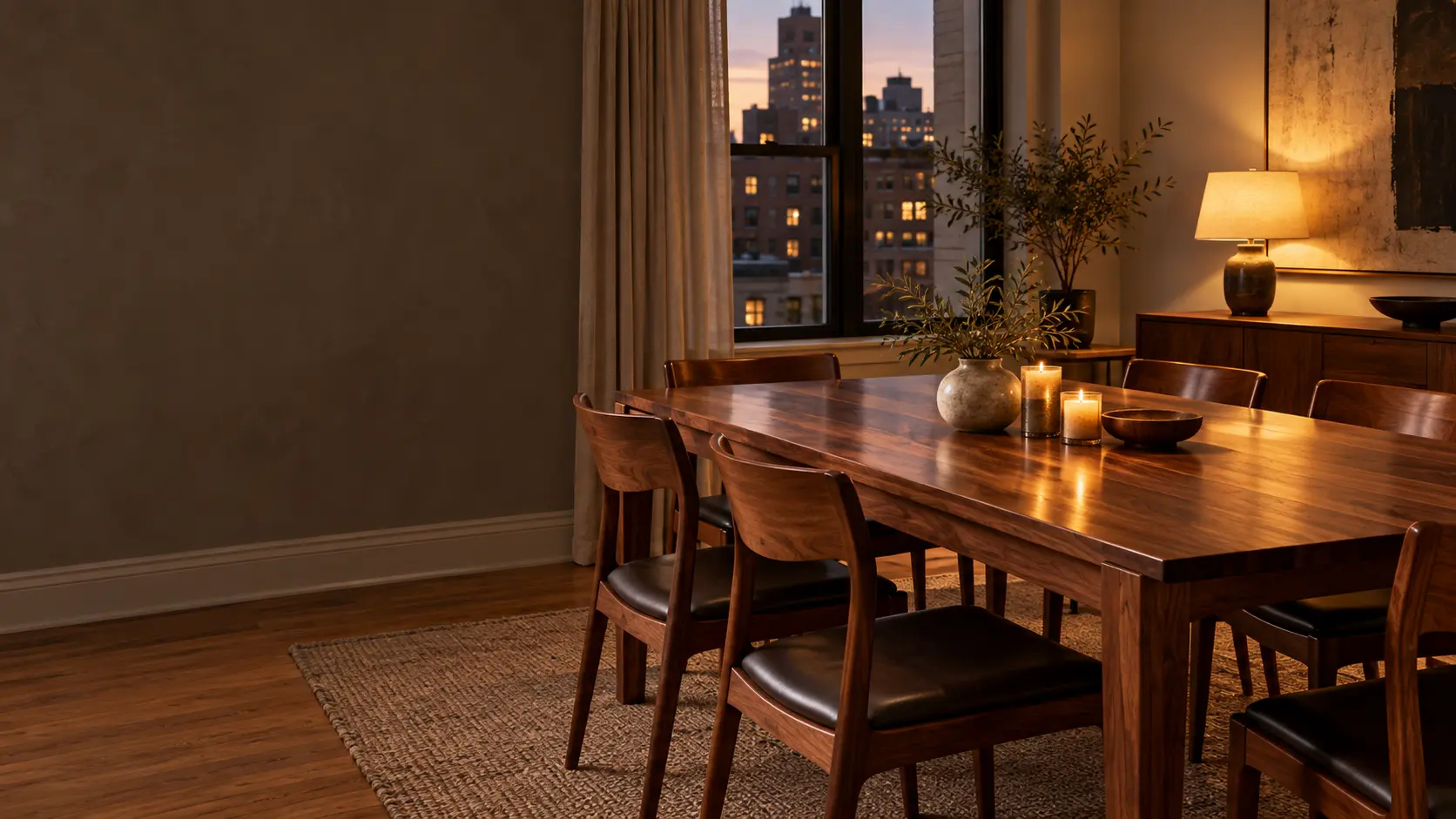 A New York dining room in the evening with a refinished table