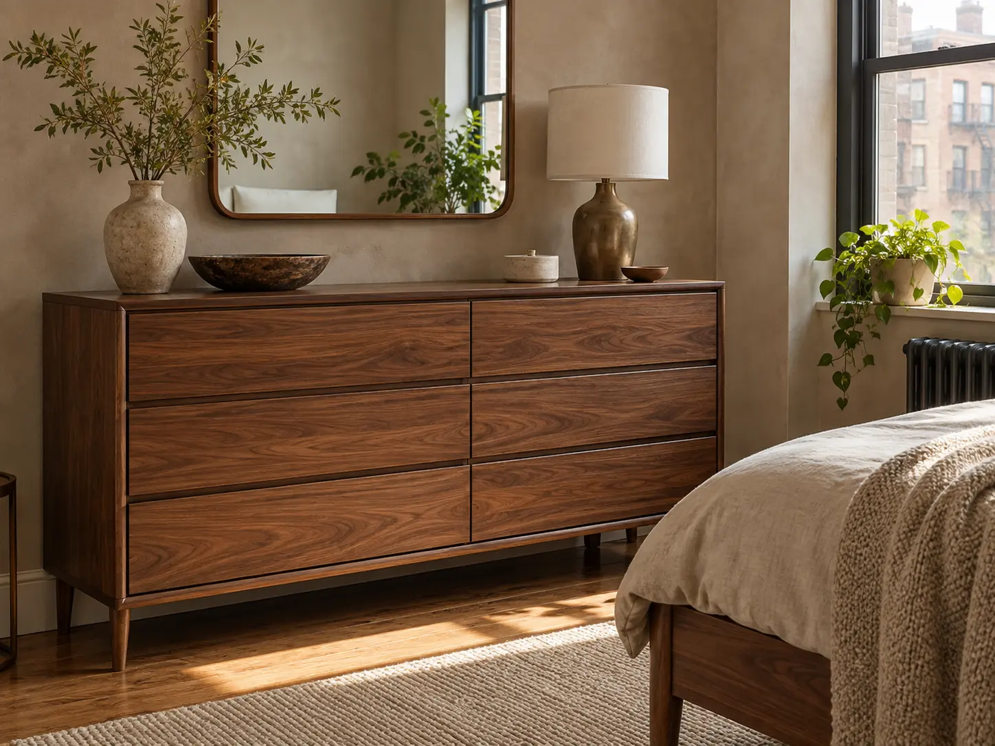 A refinished dresser in a bedroom