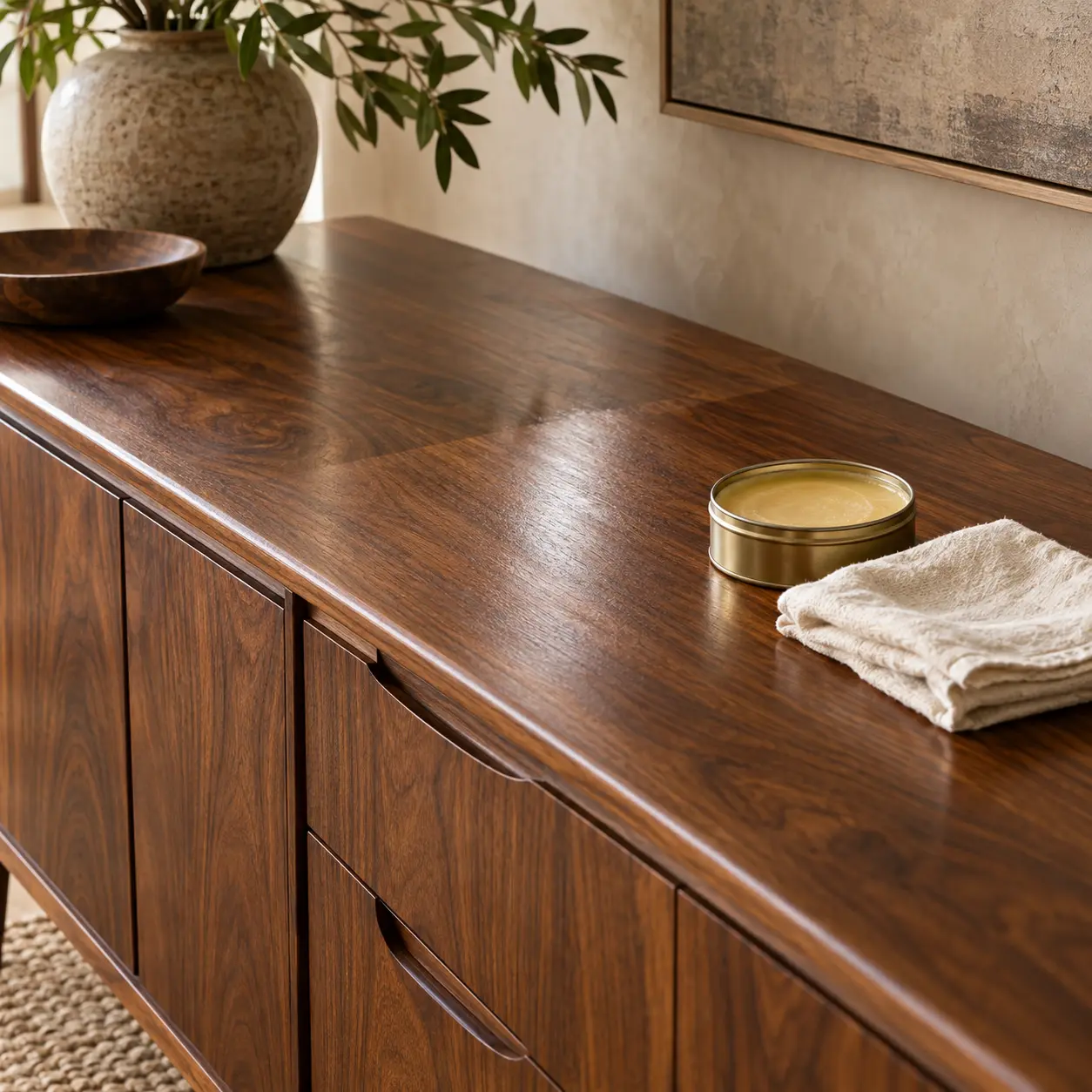 A sideboard being cleaned and waxed, nothing removed