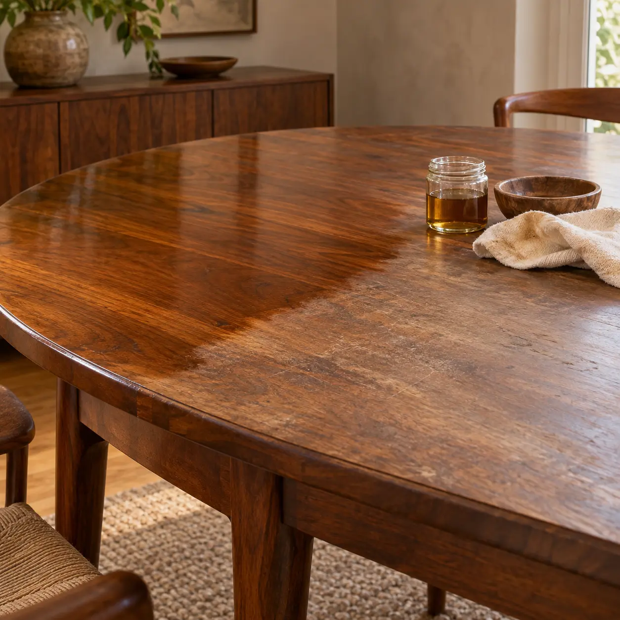 A dining table finish being revived in place