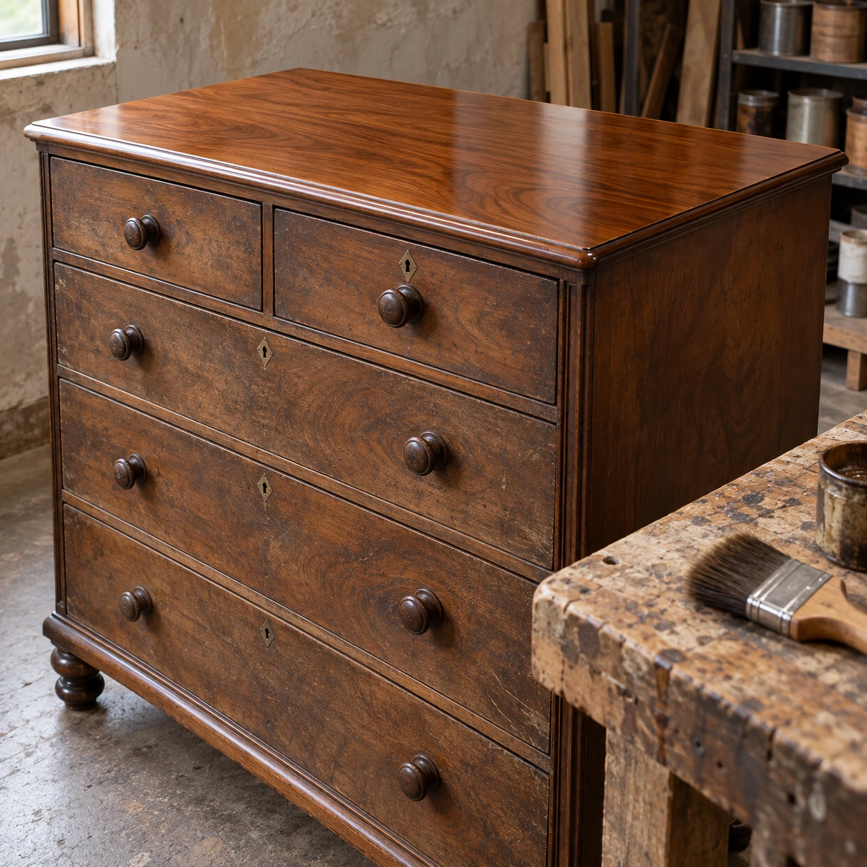 A chest with only its top recoated, drawer fronts still original