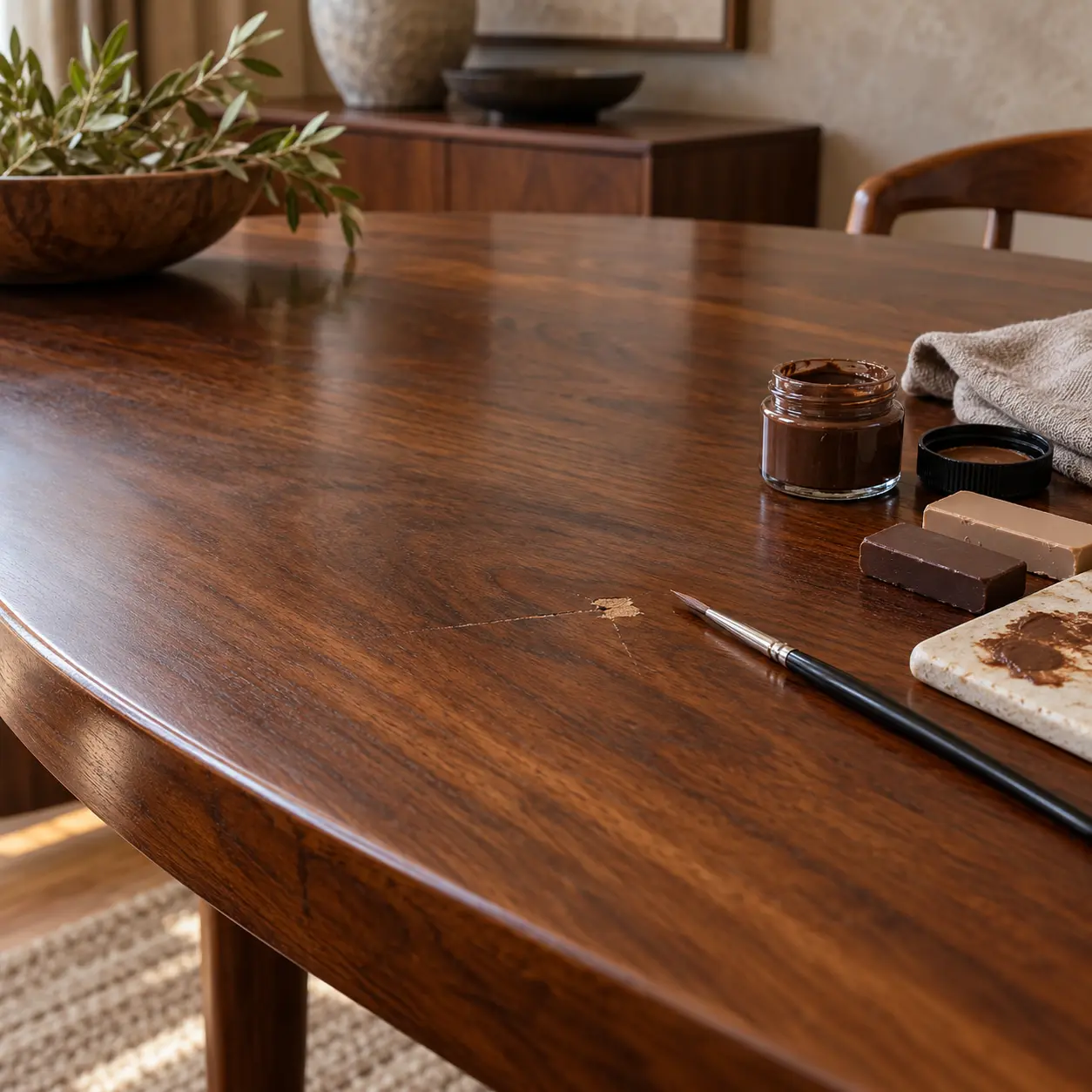 One damaged area of a table being worked, rest untouched