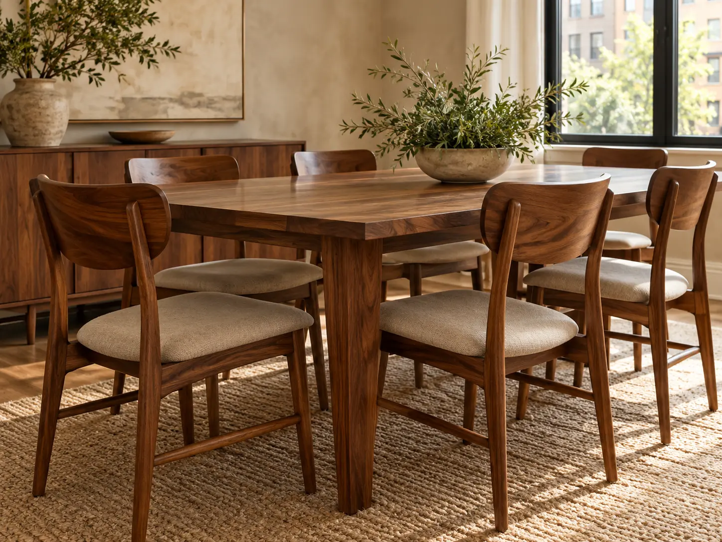 Refinished wooden dining chairs around a table