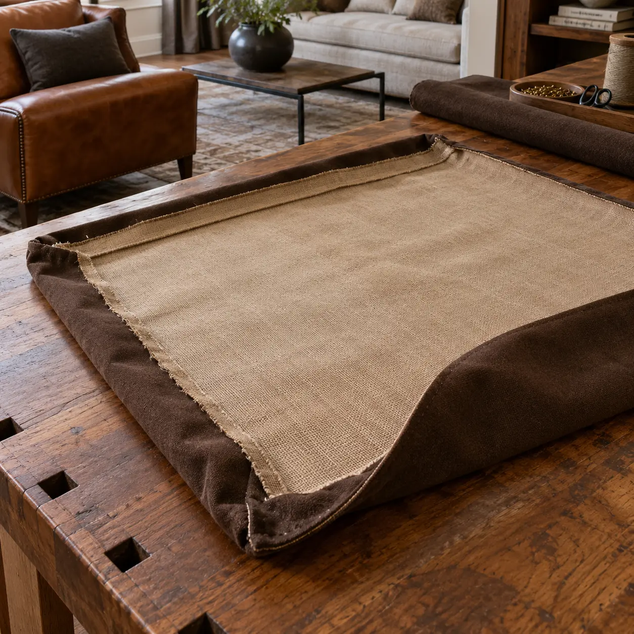 Underside of a cover panel showing its woven backing