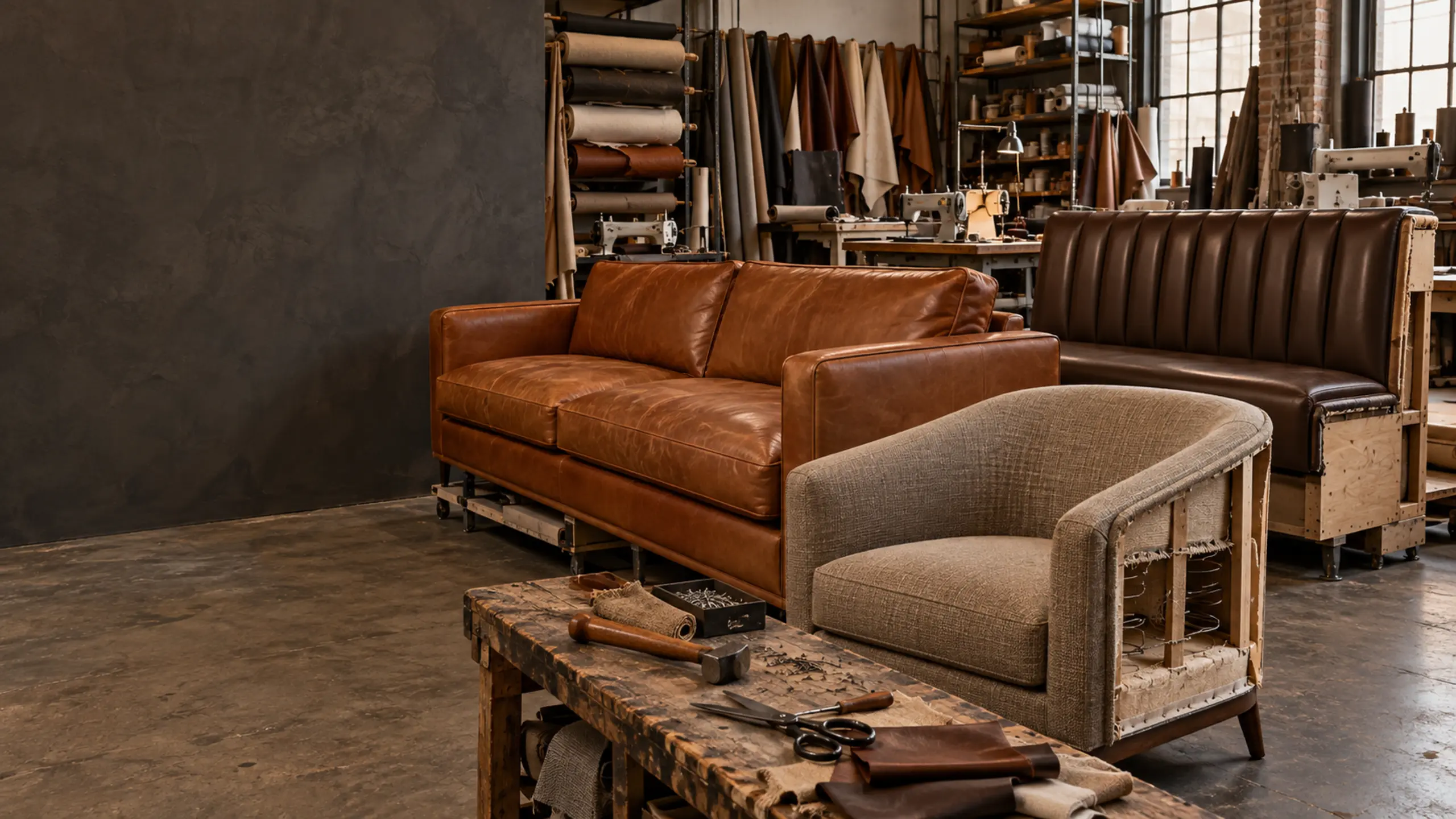Upholstery NYC: a leather sofa, a fabric armchair and a vinyl booth section in the workshop