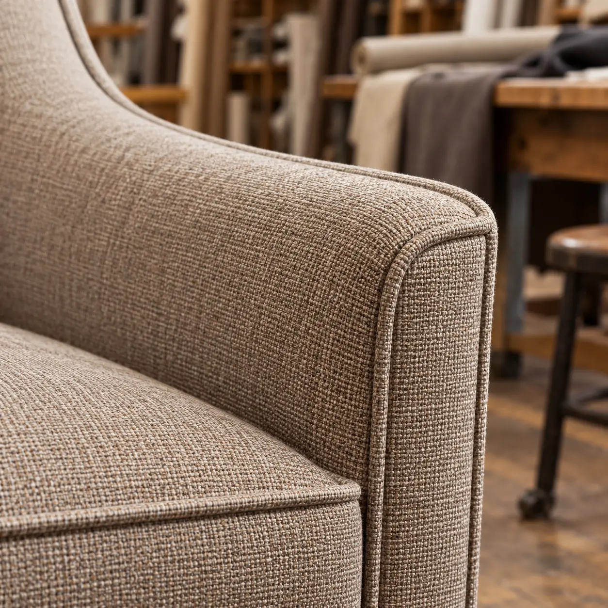 Finished piping run turning a corner on a fabric armchair