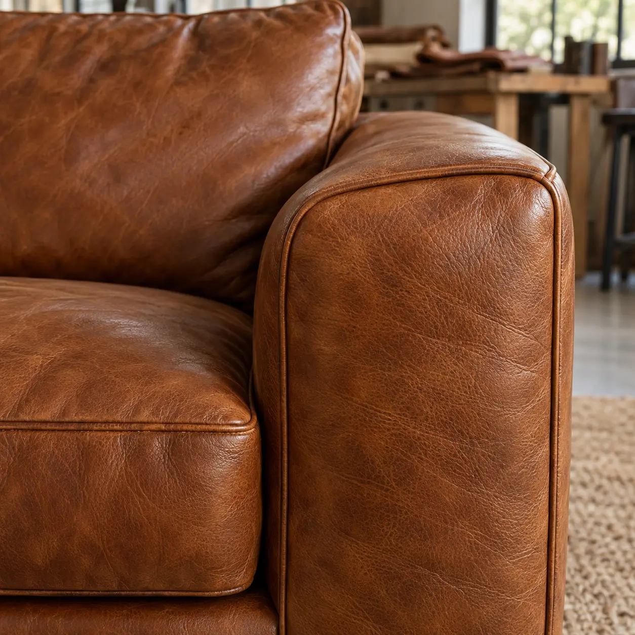 Real leather sofa arm with natural grain and creasing