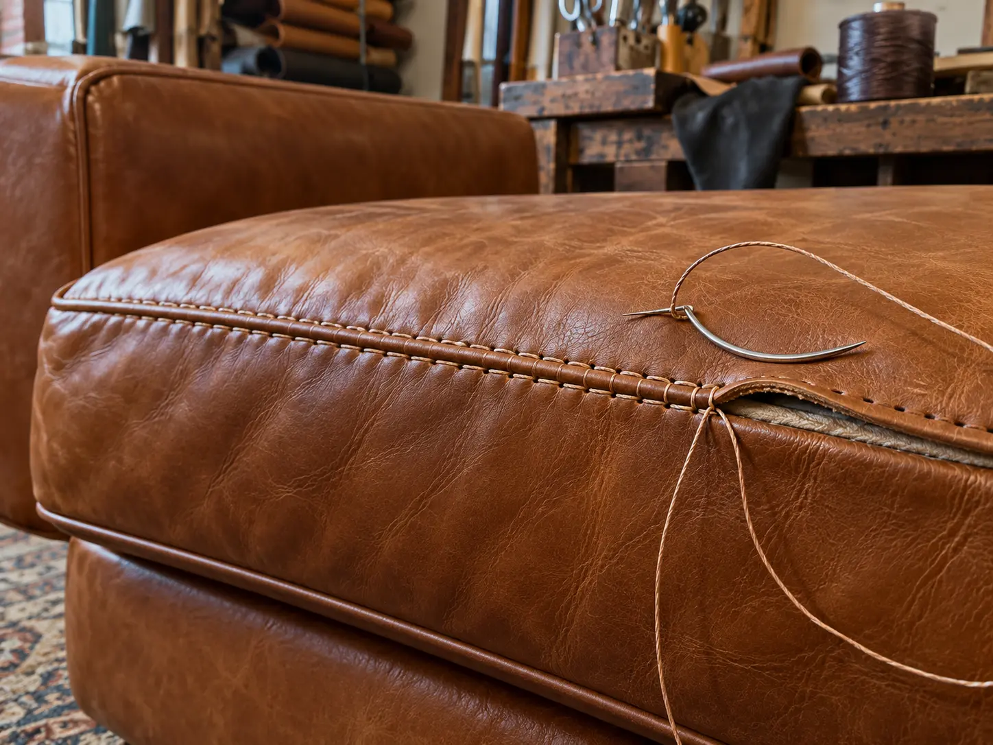 Seam being restitched on a sound leather sofa