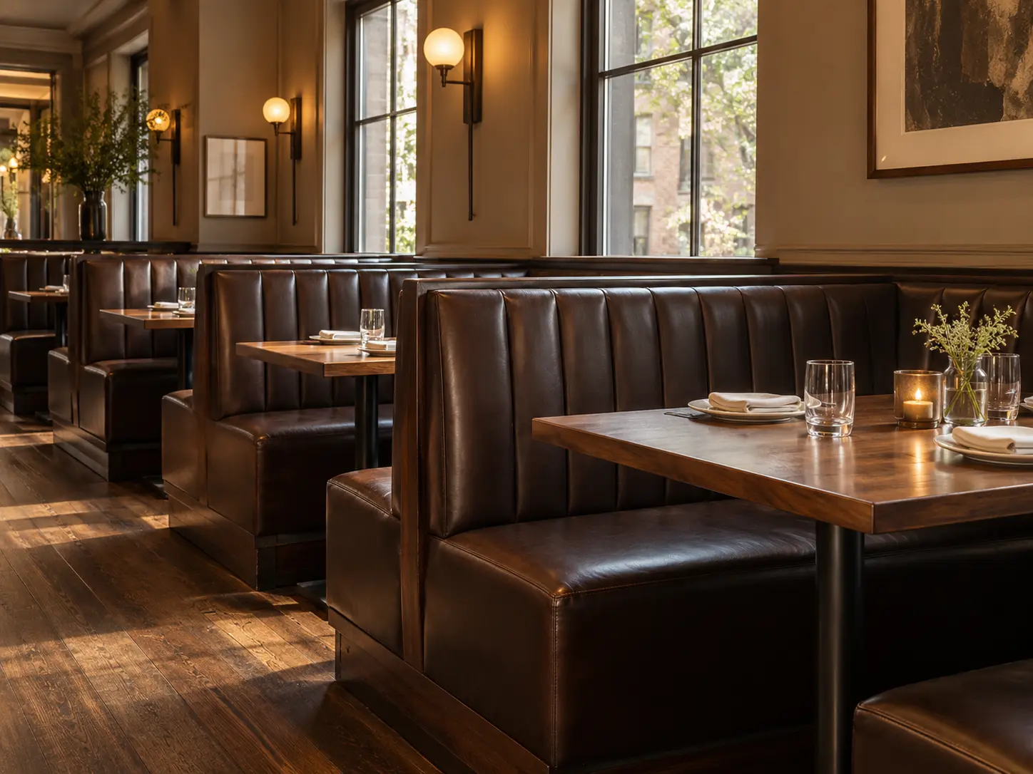 A run of leather booths in a restaurant