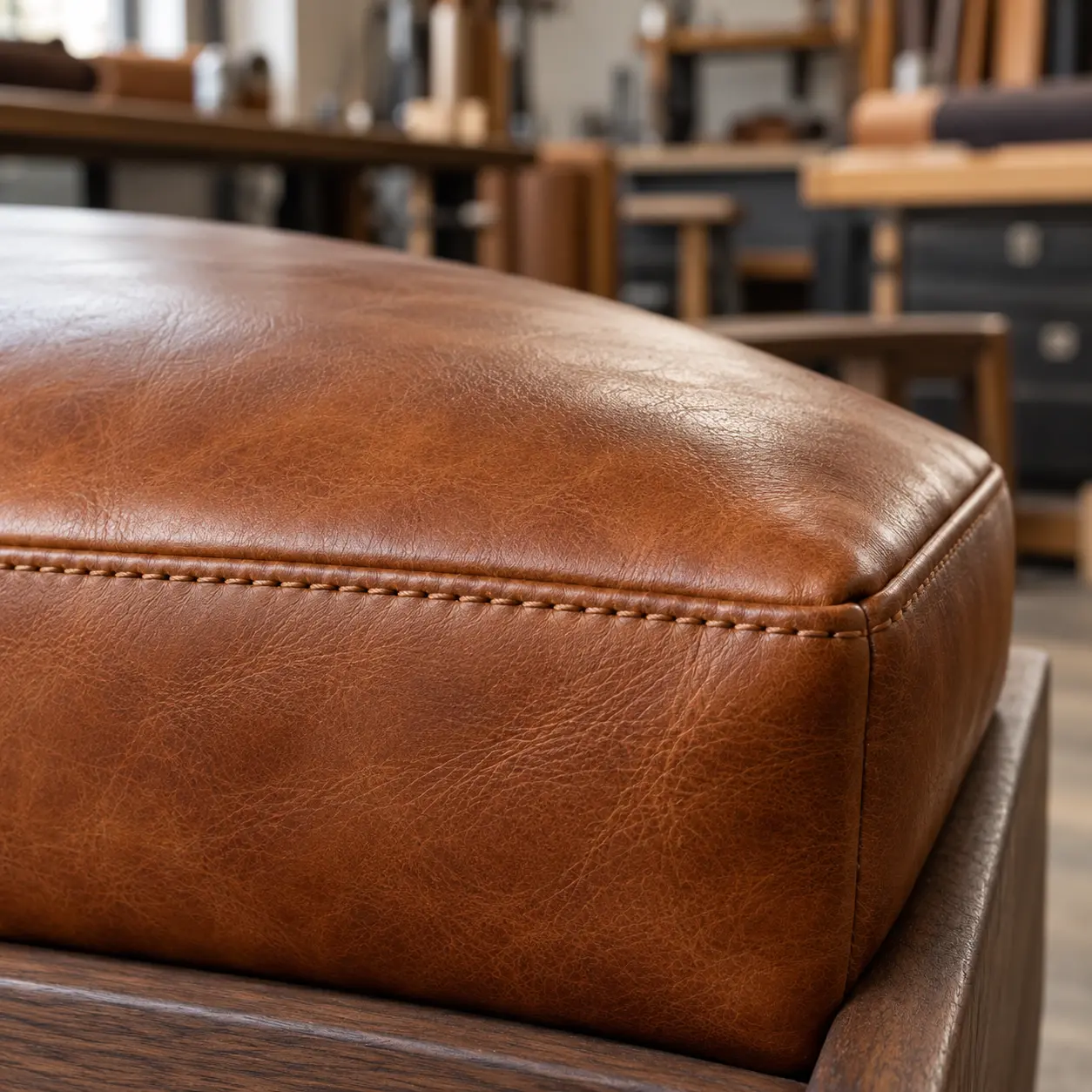 Finished seam on a leather cushion with even stitch spacing